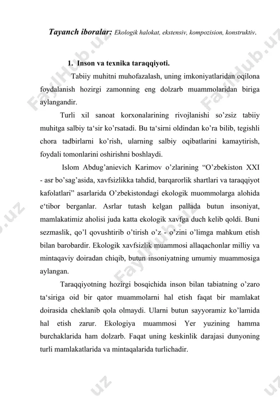 rur. buning uchun turli soxa mutaxassislari o’zlarining ekologik bilimlarini oshirib, rejalashtirilayotgan ishlari bilan tabiiy muhiti shikastlamaslik choralarini ko’rmoqlari kerak. salbiy ekologik oqibatlarning asosiy sabablaridan biri yer, suv, mineral xom-ashyolardan foydalanish printsiplarini buzilishidir. aynan shu printsip xalq xo’jaligining kam samarali - ekstensiv yo’ldan borishi uchun qulay sharoitlar yaratdi, resurslarni tejaydigan texnika va texnologiyaning keng joriy qilinishiga to’sqinlik qildi, shuningdek, atrof muhitga zarar yegkazgan holda rejani bajarish kabi g’ayri ekologik yondashuvni keltirib chiqardi. chang va tuzlar shamol bilan hududlarda yog’ilib, yomg’ir suvining minerallashuvini, yerlarning sho’rlanishini, tog’dagi muzliklarning erishini tezlatishga sabab bo’lmoqda. markaziy osiyo hududida quyosh haroratining yuqori bo’lishi inson organizmida qon almashinishish kuchaytiradi, ko’p miqdorda terlatib, ayrim kimyoviy moddalarning teri orqali so’rilishga, hatto me‘yornomada ko’rsatilgan eng kichik raqam ham halokatli zaharlanishga olib kelishi mumkin. bunday sharoitda ruhiy (85%) va asab xastaligi (109%) ga, nafas olish a‘zolarini xastaliklari (108%) ga ko’payadi. tarkibida nitrobirikmlar mavjud bo’lgan suv va oziq-ovqat mahsulotlarini uzoq muddat iste‘mol qilish …
