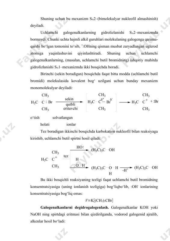 ogenli birikmalar laboratoriyada quyidagi usullar bilan sintez qilinadi: 1.ayrim alkanlardan olinadi: cnh2n+2 + x2 ® cnh2n+1x + hx 2.spirtlardan olish: rch2oh + hx rch2x + h2o hi>hbr>hcl>hf spirtlardan pcl3, pocl3, pcl5 va boshqalar yordamida olish mumkin: 6rch2oh + 2p + 3br2 6rch2br + 2p(oh)3 6ch3ch2oh + 2p + 3j2 6ch3ch2j + 2p(oh)3 reaksiya spirtning tuzilishiga qarab, cn1 yoki cn2 mexanizmida ketadi. spirtlarning reaksiyaga kirishish qobiliyati quyidagi qatorda kamayib boradi: r3coh>r2choh>rch2oh toza holdagi alkil xloridlarni olishning eng yaxshi usuli spirtlarni tionilxlorid bilan reaksiyasi hisoblanadi. reaksiya tez va qo‘shimcha mahsulot hosil qilmasdan boradi: bu reaksiya sni mexanizmda boradi. 3. alkenlardan h-elektrofillar yordamida olish: 4.karbon kislota tuzlaridan galogen ta’sir ettirib olish: rcoona + agno3 ® rcooag + hno3 rcooag + br 2 ® rcoobr + agbr rcoobr ® rbr + co2 galoidbirikmalar gaz yoki suyuq moddalardir. ular suvdan og‘ir va unda erimaydi. yodli birikmalardan ftorli birikmalarga o‘tgan sari qaynash harorati kamayadi: ri>rbr> rcl> …