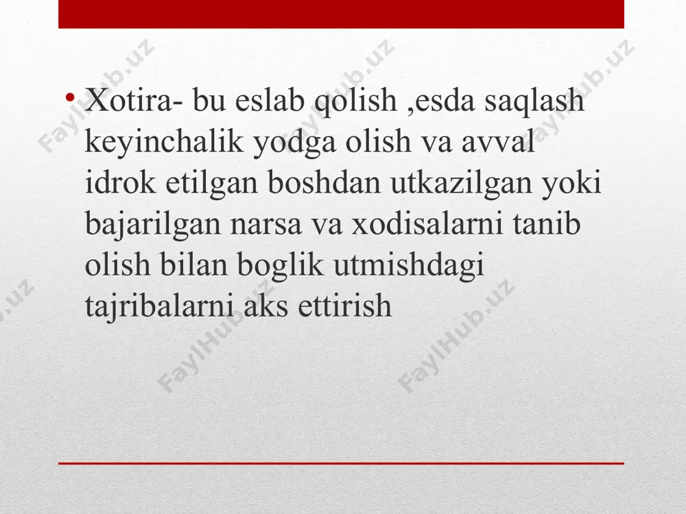 amneziyada kasallar ongining buzilishigacha bulgan vokealar, xodisalarning xammasi ularning esidan chikib koladi. bunday xodisalar minutlar, soatlar eki bir necha kunlar ichida yuz bergan bulishi mumkin. anterograd amneziyada - bemorlarda ongning buzilishidan yoki boshka bir utkir psixoz xolatlardan chikib, xushi tiklangandan keyin bulib utgan xodisalar eslab kolinmaydi. bu xolat bir necha minut eki bir necha soatlar davom etishi mumkin. kizigi shundaki, kasallardagi bu xolatning davom etishiga karamasdan ular shu davrda xati-xaraktlari tugri buladi, es-xushlari butun bulib, atrofdagilar bilan mantikli muomalada buladilar. shu bilan birga utkir kasallik xolatidan tuzalganlaridan sung shu davr ichida bulib utgan xodisalarning xammasi xotiradan unutiladi. paramnestik xotiraning buzilishiga konfabulyatsiya, kriptoamneziya va yuqorida qayd etilgan ekmneziyalar kiradi. bularning hammasini soxtalashtirilgan xoti­ra desa ham bo'ladi konfabulyatsiyalar ikki xil turda uchraydi. birinchisi — odatiy, ya'ni fiksatsion amneziya natijasida paydo bo'ladigan xotiradagi bo'shliqni haqiqiy bo'lib o'tgan yoki bo'lishi mumkin bo'lmagan hodisalar bilan to'ldirilgan holatdir. uzoq vaqt ichida shifoxonada davolanayotgan bemor, masalan, kuni …