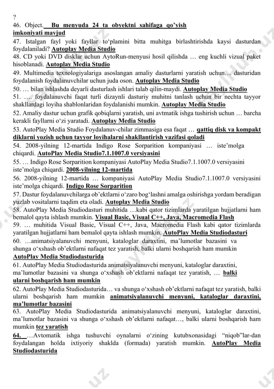 , u holda taklif etishdan iborat muloqot oynasi yuzaga keladi. bir nechta yangi loyiha shablonlarini 35. auto play media studioda…bandiga murojaat qilib yangi dizayndagi buyruq tugmalarini yaratish mumkin. “button maker” 36. auto play media studioda loyiha uchun ssenariy kodini yozish … menyuda amalga oshiriladi. “button maker” 37. bu menyu orqali oxirgi bajarilgan amalni bekor qilish yoki takrorlash, ajratilgan ob’ektni fiksirlab qo‘yish va yashirin holatga o‘tkazish kabi ishlarni bajarish mumkin. edit 38. edit menyusi….. bu menyu orqali oxirgi bajarilgan amalni bekor qilish yoki takrorlash, ajratilgan obyektni kesib olish 39. bunda ob’ektning sahifaga (ishchi sohaga) nisbatan koordinatalar bo‘yicha, masalan, gorizontal, vertikal, va boshqa o‘lchamlarga nisba-tan joylashuv holatini belgilab olish mumkin align 40. align. bunda obyektning sahifaga (ishchi sohaga) nisbatan koordinatalar bo„yicha, masalan, % cut gorizontal, vertikal, va boshqa o’lchamlarga nisbatan joylashuv holatini belgilab olish mumkin 41. page. bu menyu loyihadagi sahifalar uchun xizmat qiladi 42. bu menyu loyihadagi sahifalar uchun xizmat qiladi …