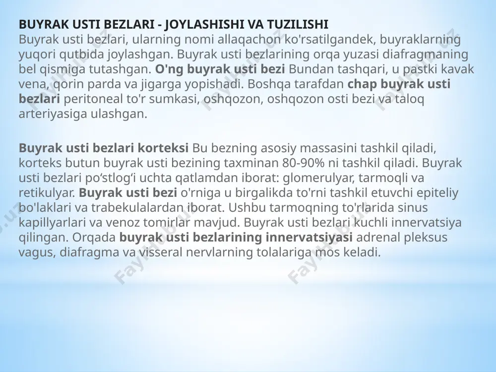 rning inson ichki tizimida joylashishini ko'rsatadi. buyrak usti bezlari birinchi navbatda tananing to'g'ri ishlashi uchun zarur bo'lgan gormonlar ishlab chiqarish uchun javobgardir. agar buyrak usti bezlari to'g'ri ishlamasa, gormonlar etishmaydi, bu jiddiy sog'liq muammolariga va ba'zi hollarda hatto o'limga olib kelishi mumkin. buyrak usti bezlarining kortikal qismi tomonidan chiqariladigan gormonlar: mineralokortikoidlar - buyrak usti bezlari po'stlog'ining glomerulyar qatlamida sintezlanadigan gormonlar. ushbu gormonlar orasida steroidlar guruhidan organik kimyoviy birikma bo'lgan aldosteron eng kuchli ta'sirga ega. aldosteron organizmdagi suv-mineral muvozanatini tartibga solishda ishtirok etadi, ya'ni u organizmdagi mineral tuzlar va suvning to'g'ri darajasini saqlab turadi. ushbu gormon natriy tuzlarining so'rilishini oshirish va siydik bilan chiqarilishini cheklash orqali buyrak kanalchalarining ishlashiga ta'sir qiladi. aldosteron shuningdek, buyraklar orqali o'tadigan qon miqdorini kamaytirish orqali ishlaydi va shu bilan siydik miqdorini kamaytiradi. aldosteron buyraklardagi transport jarayonlarida ham ishtirok etadi. bundan tashqari, bu gormon renin va angiotensin bilan birga qon bosimini tartibga soladi; glyukokortikoidlar - retikulyar va …