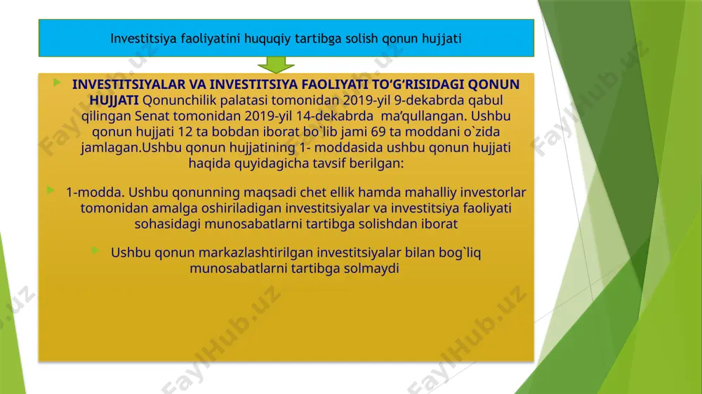 g‘larini yoxud jalb qilingan boshqa investitsiya resurslarini investitsiya qilishni amalga oshiruvchi investitsiya faoliyati subyekti. o‘zbekiston respublikasining qonunchiligiga zid bo‘lmagan investitsiya faoliyatini erkin amalga oshirishga, investitsiya qilishni amalga oshirish hajmlarini, turlarini, shakllarini, sohasini va yo‘nalishlarini mustaqil ravishda belgilashga investitsiya faoliyatini amalga oshirish uchun yuridik va jismoniy shaxslar bilan shartnomalar tuzishga o‘z investitsiyalariga va investitsiya faoliyati natijalariga egalik qilishga, ulardan foydalanishga hamda ularni tasarruf etishga, shuningdek investitsiya faoliyati natijalarini sotishga va olib chiqishga investitsiya faoliyati natijasida olingan daromadlarni soliqlar, yig‘imlar va qonunchilikda nazarda tutilgan boshqa to‘lovlar (bundan buyon matnda soliqlar va to‘lovlar deb yuritiladi) to‘langanidan so‘ng mustaqil va erkin tarzda tasarruf etishga o‘zi qabul qilgan barcha turdagi majburiyatlarning, shu jumladan qarz mablag‘larini jalb etishga qaratilgan majburiyatlarning ta’minoti sifatida o‘ziga mulk huquqi asosida tegishli bo‘lgan mol-mulk va har qanday mulkiy huquqlardan foydalanishga o‘z investitsiyalari va boshqa aktivlari rekvizitsiya (ekspropriatsiya) qilingan taqdirda munosib kompensatsiya olishga kreditlar va qarzlar tarzidagi pul mablag‘larini jalb etishga davlat …