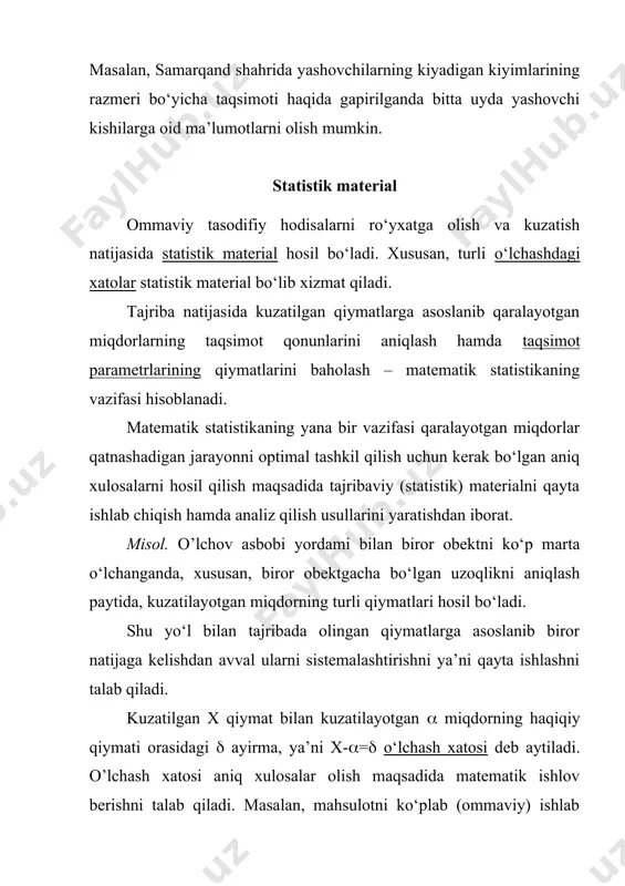 losa chiqarish amalga oshiriladi. bunda tajribaviy ma’lumotlar qayta ishlanib maqsadga erishiladi. statistik qator (yemprik qator) biror x tasodifiy miqdor o‘rganilayotgan bo‘lsin. ana shu maqsadda har birida x miqdor u yoki bu qiymatni qabul qiladigan bir qancha erkli tajribalar o‘tkaziladi. x tasodifiy miqdorning hosil qilgan x1, x2, . . ., xn qiymatlari biz o‘tkazayotgan tanlanma bo‘ladi. bu to‘plamni ko‘p hollarda emprik qator deb ataladi. emprik qator keyinroq qayta ishlanadigan va analiz qilinadigan dastlabki statistik material bo‘ladi. statistik (emprik) qator ikki satrli (yoki ikki ustunli) jadval ko‘rinishida tasvirlanadi. birinchi satrda tajribalarning raqamlari, ikkinchi satrda esa tasodifiy miqdorning hosil qilgan qiymatlari ko‘rsatiladi. tajribalar raqami 1 2 3 . . . . x ning qiymatlari x1 x2 x3 . . . . taqsimotning emprik qonuni emprik qatorga asoslangan holda taqsimotning emprik qonuni tuziladi. bu qonunning yozilish formasi o‘rganilayotgan x tasodifiy miqdorning xarakteriga bog‘liq bo‘ladi. agar x tasodifiy miqdor diskret bo‘lsa, bu qonun jadval ko‘rinishida …
