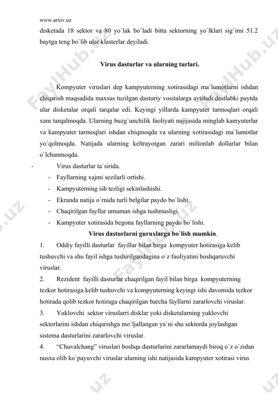 adi, hamdahotiraga chaqirilayotgan har bir dasturni viruslardan zararlanmaganligini uzluksiz tekshirib boradi, flushot plus dasturishunday dasturlardan. dastur vakiinalar yoki imunizatorlar. ular diskni va undagi fayillarni viruslarning tasiriga berilmovchi qilib takomillashtiruvchi hamda fan rejimida faoliyat olib boruvchi vositalardir. zamonaviy antiviruslar dasturini ishlab chiqarishda aynan shunday vositalarga katta ahamiyat berilmoqda. kiyingi yillarda yuqoridagi antivirus vositalarinning barcha hususiyatlarini o`zida mujasamlashtirgan universal vositalar ham ishlab chiqarilmoqda. bular ichida eng ko`p tarqalgani kasperiskiy labaratoriyasida yaratilgan kasperiskiy dasturidir. diyagnostika vositalari. kompyuter qurilmalari va magnit disklarning ishlash qobilyatlarini va holatini tekshiruvchi hamda ulardagi nuqsonli joylarni aniqlab, iloji boricha tuzatadigan dasturlar. vazifasiga ko`ra ular ikkiga bo`linadi · kompyuter qurilmalarining ish faoliyatini tekshiruvchi dasturlar. masalan: contral r · magnit disklarning ish holatini tekshiruvchi dasturlar. masalan: ndd optimallash vositalar. qattiq va yumshoq disklarga fayillar klasterlarga yoziladi. bunda quydagi hollar bo`lishi mumkin: -fayillarning hajmi klaster sig`imida kichik bo`lishi mumkin, bunda klasterlarda bo`sh joylar hosil bo`ladi. -fayilning hajmi klaster sig`imidan katta bo`lish mumkin, …