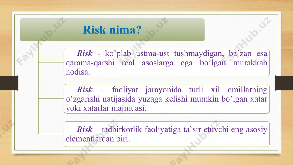 yon bo’ladi, ular moliyaviy risklardan iborat ta’sir vaqtiga ko’ra retrospektiv kichik biznes korxonalarining o’tgan davrdagi turli risklarga bog’liqligini ifodalaydi va joriy hamda istiqboldagi risklarni baholashga yordam beradi joriy kichik biznes korxonalarining amaldagi faoliyati barqarorligiga ta’sir etuvchi risklar istiqboldagi kelajakda kichik biznes korxonasi duch kelishi mumkin bo’lgan risk ta’sir etish vaqt uzoqligi bilan belgilanishi bo’yicha uzoq muddatli bu risk turi asosan korxona kengaytirilish, rivojlanish va takomillashtirish uchun amalga oshiriladigan tadbirlar bilan bog’liq bo’ladi. uning natijalari istiqbolda namoyon bo’ladi. qissqa muddatli u ko’pincha tarmoqli bo’lib, kundalik hayotda qabul qilinayotgan qarorlar bilan bog’liq bo’ladi. uning natijalari qisqa vaqt ichida namoyon bo’ladi. risklarni yuzaga keltiruvchi va ularning darajasiga ta’sir etuvchi omillar riskning funksiyalari riskning asosiy xususiyatlari qarama- qarshilik alternativlilik noaniqlik noaniqlik — bu turli sabablar, eng avvalo, yechimlarni amalga oshirish shart-sharoitlari, jumladan, ular bilan bog’liq sarf-xarajatlar va natijalar haqida ma’lumotlar to’liq emasligi yoki noaniqligi tufayli yuzaga keluvchi turli parametrlarning kelgusi qiymatlari haqida to’liqsiz yoxud …
