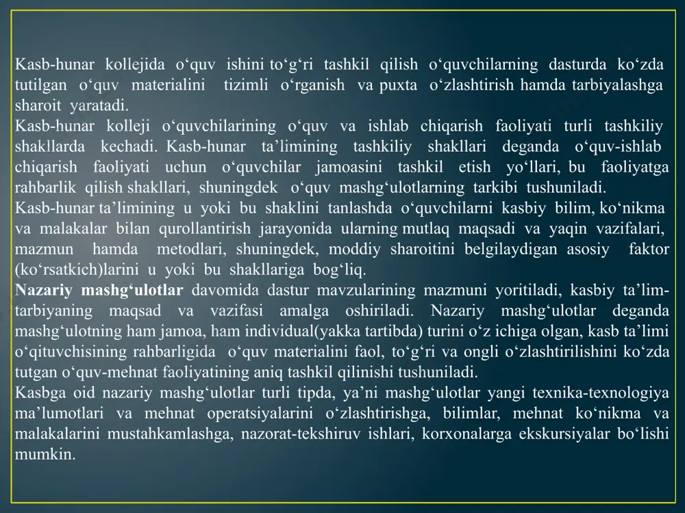 nar ta’limi darslariga quyidagi qator didaktik talablar qo‘yiladi: didaktik maqsadning aniqligi. darsning didaktik maqsadlari: a) ta’limiy (kognitiv) – o‘quvchilarga nazariy bilimlar beriladi, ko‘nikma va malakalar shakllantiriladi; b) rivojlantiruvchi (psixomotorik) – hatti-harakatlar bilan bog‘liq ko‘nikmalar: material bilan ishlash, asbob-uskunalarni ishlata bilish, olgan bilimlarini amaliyotda qo‘llash qobiliyatlari inobatga olinadi; v) tarbiyaviy (affektiv) - o‘zini tutish va xulq bilan bog‘liq ko‘nikmalar: kasbga qiziqish, masu’liyatni anglagan ravishda faoliyat ko‘rsatish. didaktik maqsad va vazifalariga erishishda o‘qituvchi o‘quvchilarga mehnat operatsiyalarini o‘rgatishda diqqat e’tiborini mehnat usullarini to‘g‘ri bajarishlariga qaratiladi. ta’lim va tarbiya vazifalarining birligi. ta’lim tarbiyalovchi bo‘lishi kerak. barkamol avlodni tarbiyalash -bolaga xarakterning butun ijobiy sifatlari kompleksini singdirish demakdir. kasb-hunar ta’limi darslarida mehnat tarbiyasiga alohida e’tibor beriladi. o‘quv materialini to‘g‘ri tanlash. o‘quv materialini tanlashda darsning maqsadi, o‘quvchilar oldingi darslarda olgan bilim va malakalar; fan asoslariga oid bilimlari; ularning jismoniy rivojlanganligi kabi qator omillar hisobga olinadi. o‘quv materiali o‘quvchilarning oldingi tajribalari va fan asoslari bo‘yicha olgan bilimlariga bog‘liq …