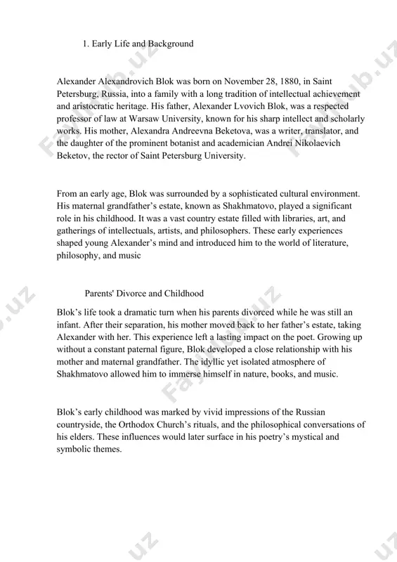 tions of the time. he excelled in literature, history, and philosophy but showed little interest in mathematics and the natural sciences. his teachers noted his reflective character, literary talent, and philosophical inclinations. after completing his secondary education, blok enrolled at saint petersburg university in 1898. initially, he entered the faculty of law, following his father’s academic footsteps. however, after two years of unenthusiastic studies, he transferred to the faculty of philology, where he could immerse himself in the study of literature, languages, and history. during his university years, blok became acquainted with the works of arthur schopenhauer, friedrich nietzsche, immanuel kant, and other western philosophers. he also developed a deep appreciation for russian classical literature, particularly the works of alexander pushkin, fyodor dostoevsky, and leo tolstoy. these readings influenced his worldview and later artistic vision. early literary influences by the turn of the century, the cultural life in saint petersburg …