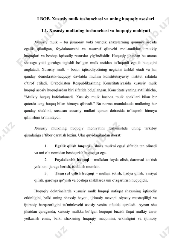 qiy mohiyatini tushunishda uning tarkibiy qismlariga e’tibor qaratish lozim. ular quyidagilardan iborat: 1. egalik qilish huquqi – shaxs mulkni egasi sifatida tan olinadi va uni o‘z nomidan boshqarish huquqiga ega. 2. foydalanish huquqi – mulkdan foyda olish, daromad ko‘rish yoki uni ijaraga berish, ishlatish mumkin. 3. tasarruf qilish huquqi – mulkni sotish, hadya qilish, vasiyat qilish, garovga qo‘yish va boshqa shakllarda uni o‘zgartirish huquqidir. huquqiy doktrinalarda xususiy mulk huquqi nafaqat shaxsning iqtisodiy erkinligini, balki uning shaxsiy hayoti, ijtimoiy mavqei, siyosiy mustaqilligi va ijtimoiy barqarorligini ta’minlovchi asosiy vosita sifatida qaraladi. aynan shu jihatdan qaraganda, xususiy mulkka bo‘lgan huquqni buzish faqat mulkiy zarar yetkazish emas, balki shaxsning huquqiy maqomini, erkinligini va ijtimoiy faoliyatini ham izdan chiqaradi. huquqiy tizimlar xususiy mulkni ikki asosiy yo‘nalishda tartibga soladi: mulkni egallash (egalikka olish) va undan foydalanishni boshqarish. fuqarolik kodeksi xususiy mulk ustidan huquqning paydo bo‘lishi, uzatilishi, cheklanishi va yo‘qolishini tartibga soluvchi asosiy hujjat bo‘lib xizmat qiladi. …