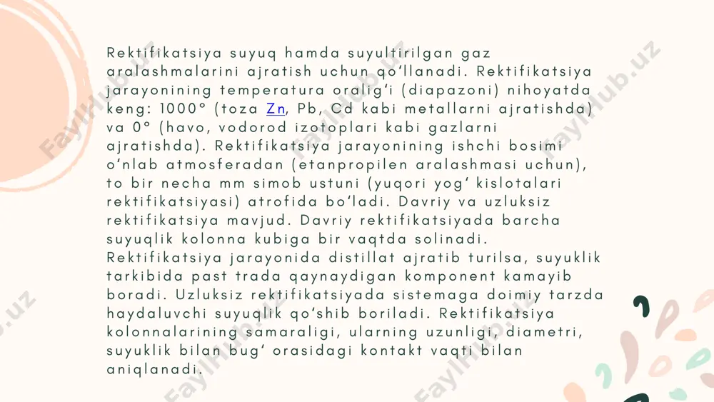 r. bosim ostida odatda suyultirilgan gazlarni rektifikatsiya qilish amalga oshiriladi. shunday qilib, yuqori bosim va past haroratda amalga oshiriladigan kislorod va azotni ajratish kriorektifikatsiya jarayonlarini nazarda tutadi. vakuum ostida yuqori qaynaydigan va issiqlikka chidamli bo'lmagan moddalarni rektifikatsiya qilish amalga oshiriladi. bosimning o'zgarishi azeotrop aralashmalarni ajratishda ham azeotrop nuqtani siljitadi. rektifikatsiya odatda uzluksiz birliklarda amalga oshiriladi. vaqti-vaqti bilan rektifikatsiya ajratilgan aralashmalarning tarkibi tez-tez o'zgarib turadigan va past quvvatlarda qo'llaniladi. rektifikatsiya neftni qayta ishlash sanoatida asosiy rol o'ynaydi (benzinlar, kerosinlar va boshqa fraksiyalarni neftdan ajratish, kreking, reforming, piroliz mahsulotlarini ajratish) va kimyo va unga aloqador sohalarda eng keng tarqalgan ajratish jarayonidir. foydalanilgan adabiyotlar: oʻzbekiston milliy ensiklopediyasi (2000-2005) ﻿salimov z, to'ychiyev i, ximyaviy texnalogiya oraffessori. m. ggudin, d. dopkin. ﻿arxiv.uz ﻿wikipedia.uz image1.png image2.png image3.svg image3.png image5.svg image4.png image5.png image8.svg image6.png image10.svg image7.png image12.svg image8.png image14.svg image9.png image16.svg image10.png image18.svg image11.png image20.svg image12.png image22.svg image13.png image24.svg image14.jpeg image15.jpeg /docprops/thumbnail.jpeg