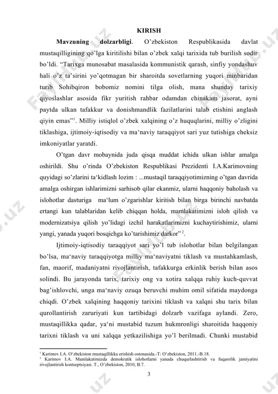 h bo’ldi. xalqning asriy orzusi ushalib, mustaqillik tufayli qayta o’z e‘tiqodi, urf-odatlari, qadriyatlari, tili o’z faxriy o’rniga qaytdi. mamlakat rivojlanishining o’zbek xalqiga xos bo’lgan xususiyat, urf-odat, an‘analarini hisobga olgan holda o’ziga xos taraqqiyot yo’lini tanlashi, boy madaniyati, bebaho ma‘naviyati, e‘tiqodini e‘zozlash, xalq manfaatlari va istiqboliga qaratilgan milliy mafkurani targ’ib etish vatan tarixini xolisona o’rganish va tadqiq qilishni hayotiy zaruriyat qilib qo’ydi. prezident i.a.karimovning xalq va mamlakat taqdiridagi tarixning o’rni hamda ahamiyati, uning millat hayotida milliy g’urur, o’tmishdan faxrlanish, o’zligini o’rganishdagi o’rni va vazifasiga, barkamol avlod ta‘lim-tarbiyasidagi vatanparvarlik ruhini singdirishdagi tamomila yangicha yondoshuv zaruriyati xususida “tarixiy xotirasiz kelajak yo’q” risolasida ta‘kidlanganidek: “haqqoniy tarixni bilmasdan turib esa o’zlikni anglash mumkin emas”. tarixni xolisona, haqqoniy, milliy istiqlol g’oyasi, vatanparvarlik ruhi asosida yoritish tarixchilar oldida turgan bosh vazifadir. shu o’rinda respublika tarixchilari oldida turgan sharafli vazifalardan biri-tariximizning eng dolzarb, kam o’rganilgan qismlarini qayta o’rganib, uni xalqimizga yangitdan taqdim etishdir. yurtboshimiz ta‘kidlaganidek, “...biz o’z tariximizni …