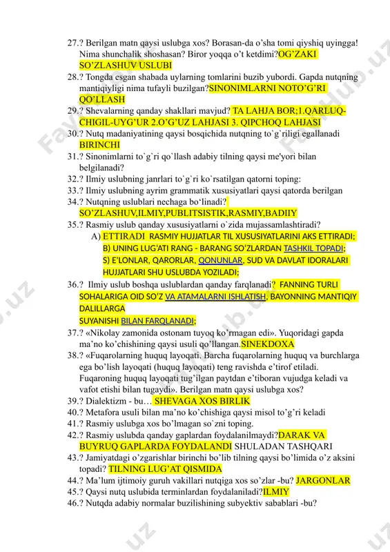 li menga 2010 yilning 1 yanvaridan 20 yanvarigacha o’z hisobimdan ta’til berishingizni so’rayman.rasmiy 27. ? berilgan matn qaysi uslubga xos? borasan-da o’sha tomi qiyshiq uyingga! nima shunchalik shoshasan? biror yoqqa o’t ketdimi?og’zaki so’zlashuv uslubi 28. ? tongda esgan shabada uylarning tomlarini buzib yubordi. gapda nutqning mantiqiyligi nima tufayli buzilgan?sinonimlarni noto’g’ri qo’llash 29. ? shevalarning qanday shakllari mavjud? ta lahja bor;1.qarluq-chigil-uyg’ur 2.o’g’uz lahjasi 3. qipchoq lahjasi 30. ? nutq madaniyatining qaysi bosqichida nutqning to`g`riligi egallanadi birinchi 31. ? sinonimlarni to`g`ri qo`llash adabiy tilning qaysi me'yori bilan belgilanadi? 32. ? ilmiy uslubning janrlari to`g`ri ko`rsatilgan qatorni toping: 33. ? ilmiy uslubning ayrim grammatik xususiyatlari qaysi qatorda berilgan 34. ? nutqning uslublari nechaga bo‘linadi? so’zlashuv,ilmiy,publitsistik,rasmiy,badiiy 35. ? rasmiy uslub qanday xususiyatlarni o`zida mujassamlashtiradi? a) ettiradi rasmiy hujjatlar til xususiyatlarini aks ettiradi; b) uning lug‘ati rang - barang so‘zlardan tashkil topadi; s) e'lonlar, qarorlar, qonunlar, sud va davlat idoralari hujjatlari shu uslubda yoziladi; 36. …