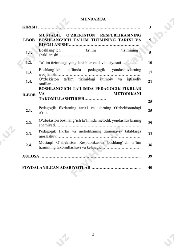 bekiston respublikasida boshlang‘ich ta’lim tizimi va pedagogik fikrlarning taraqqiyoti, uning xususiyatlari, yutuqlari va muammolarini o‘rganish, shu bilan birga, bu tizimning hozirgi holatini tahlil qilib, rivojlanish istiqbollari va kelajakdagi imkoniyatlarini aniqlash. kurs ishining vazifalari: 1. mustaqil o‘zbekistonning ta’lim tizimida boshlang‘ich ta’limning o‘rni va ahamiyatini o‘rganish. 2. pedagogik fikrlarning taraqqiyotini o‘rganish va mustaqillik davrida qanday yangiliklar kiritilganligini tahlil qilish. 3. boshlang‘ich ta’lim tizimida pedagogik usullar va metodlarning yangilanishi. 4. o‘zbekiston ta’lim tizimida boshlang‘ich ta’lim sohasining zamonaviy talablar bilan moslashuvini baholash. 5. ta’limda davlat siyosatining boshlang‘ich ta’lim tizimiga ta’siri. kurs ishini obyekti: mustaqil o‘zbekiston respublikasida boshlang‘ich ta’lim tizimi va pedagogik fikrlar. bu tizim va fikrlarning rivojlanishi, pedagogik yondoshuvlar, ta’lim jarayonining yangilanishi va davlatning ta’lim sohasidagi islohotlari. kurs ishining predmeti: boshlang‘ich ta’lim tizimida qo‘llaniladigan pedagogik metodlar, innovatsiyalar, ta’lim dasturlari, metodik yondoshuvlar va bu sohadagi ilmiy izlanishlar. kurs ishining metadologik asosi: kurs ishida pedagogik tadqiqotlar, ilmiy nazariyalar va amaliy yondoshuvlar, shuningdek, ijtimoiy-iqtisodiy sharoitlar, davlat siyosati …