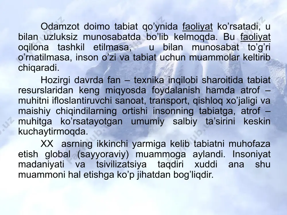 slar ko’plab sarflanishi va ifloslanishi, inson salomatligiga turli turli darajadagi kasalliklarni keltirib chiqarmoqda. образец текста второй уровень третий уровень четвертый уровень пятый уровень hozirgi kunda planetamiz aholisining 2 / 3 qismi sifatli oziqaga ega emas, undan tashqari 50% aholi to’yib (i.karimov –o’zbekiston xxi asr bo’sag’asida…1997 yil 112 bet.) ovqatlanmaydi, 15 % aholi doimiy ochlikda bo’lsa, har yili 30 – 50 mln odam ochlikdan o’ladi. shu sababli o’sib borayotgan aholi sonining ozuqa mahsulotlari bilan ta’minlab bo’ladimi yoki yo’qmi kabi muammo hayotning kun tartibida turmoqda. bmt qoshidagi xalqaro muvofiqlashtiruvchi guruhning ma’lumotiga ko’ra, yer yuzida yetishtirilgan va dengizlardan olingan maxsulotlar asosida planetada 31,5 mlrd aholini boqish mumkin ekanligi ta’kidlangan. iqtisodchi olimlarning hisob-kitoblariga ko’ra, quruqlikda faqat madaniy o’simliklar ekilsa, ularning hosili bilan 50 mlrd aholini boqish bashorat qilinmoqda. yer yuzining hammasini ekinzorga, dengiz va okeanlarni esa baliq ko’paytiradigan hovuzga aylantirib bo’lmaydi. lekin, yangi texnologiyalar qo’llash asosida oqsil moddalari biosintez natijasida olinib, ular inson ozuqasining …