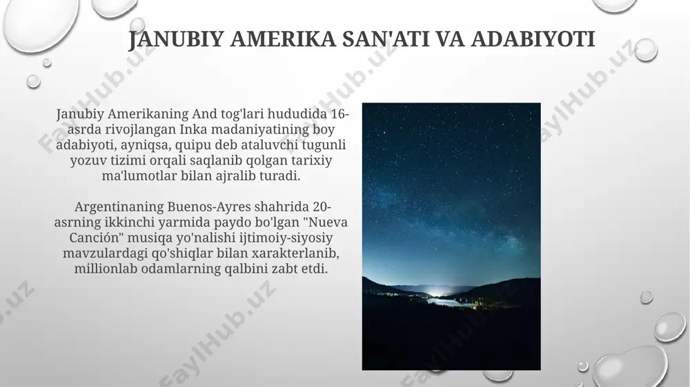 tsiyalari va savdo aloqalari chegaralangan bo'lib, bu mintaqaning iqtisodiy rivojlanishiga to'sqinlik qiladi. janubiy amerika qishloq xo'jaligi janubiy amerikada kofe yetishtirish bo'yicha dunyodagi eng yirik ishlab chiqaruvchilar qatorida braziliya (yillik 2,5 million tonnadan ortiq) va kolumbiya (400 ming tonnadan ortiq) mavjud. argentina jahon bozoriga 15 million tonnadan ortiq soya mahsulotlarini yetkazib beruvchi yirik soya yetishtiruvchi mamlakat hisoblanadi, bu uning qishloq xo'jaligi iqtisodiyotida muhim rol o'ynaydi. janubiy amerika ta'limi va sog'liqni saqlash and mintaqasida, masalan, boliviyada sog'liqni saqlash xizmatlariga kirish chegaralangan hududlarda, o'rtacha umr ko'rish 65 yosh atrofida, bolalar o'limi esa yuqori. janubiy amerikada, braziliya kabi rivojlangan mamlakatlarda ham 20% dan ortiq bolalar boshlang'ich ta'limni tugatmaydi, bu esa sog'liqni saqlashga salbiy ta'sir ko'rsatadi. janubiy amerika xalqlarining iqtisodiyoti braziliya janubiy amerikaning eng yirik iqtisodiyoti bo'lib, 2023-yilda taxminan 1,9 trillion aqsh dollari miqdoridagi yalpi ichki mahsulotga ega va jahon savdosida muhim rol o'ynaydi. janubiy amerikada 2022-yilda qishloq xo'jaligi yalpi ichki mahsulotining 5% dan ortig'ini …
