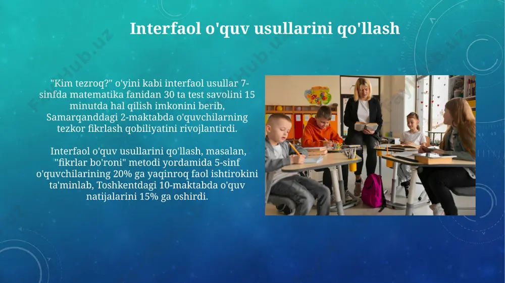 shtirishda, masalan, 10 ta topshiriqdan iborat "xazina ov" o'yinini tashkil qilish, andijon viloyatining tabiatiga bag'ishlangan mulohazalarni jalb qiladi. sinfda 2-4 kishilik guruhlarda loyihalar ustida ishlashni tashkil qilish va namangan shahridagi san'at muzeylarining asarlariga asoslangan taqdimotlarni tayyorlash ijodiy fikrlashni rivojlantiradi. e'tiboringiz uchun rahmat @taqdimot_robot image3.png image4.jpg image5.jpg image6.jpg image7.jpg image8.jpg image9.jpg image10.jpg image11.jpg image12.jpg