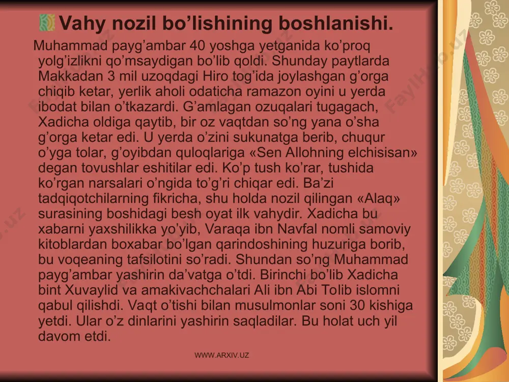 o’ng umma mavqei madina ahli orasida beqiyos o’sdi. shu davrdan boshlab muhammad payg’ambar yetakchiligidagi islom jamoasi kuchli bir davlatning vazifalarini bajara boshladi. madina ichidagi payg’ambar muxoliflari munofiqun nomini oldi. barcha arab qabilalari mushrik deb e’lon qilindi. ular yoki islom dinini qabul qilishlari yoki ochiq maydonga jangga chiqishlari shart edi. bu jamoa-davlat qisqa va uzoq muddatli sulh shartnomalarini tuzish orqali turli arab qabilalari va qabilalar ittifoqlarini o’z hukmiga bo’ysindira boshladi. bo’ysingan qabilalar har yili jonivorlari hisobidan madina davlatiga umma-davlat xarajatlari uchun sadaqa (mol to’lovi) bermoqlari lozim edi. sadaqa bermaganlarga qarshi harbiy yurishlar tashkil etilardi. o’ljadan to’lovga o’tish (makkaning fathidan so’nggi davrda) davlatning shakllanishi haqida dalolat beradi. www.arxiv.uz www.arxiv.uz islom ta’limoti. islom so’zi arabcha – allohga o’zni topshirish, itoat etish, taslim bo’lish, bo’ysunish ma’nolarini beradi. islom dini ta’limoti bo’yicha, muhammad payg’ambar avvalgi payg’ambarlar (o’rta yer havzasi tsivilizatsiyasi ichida ma’lum bo’lgan) ishini davom ettirgan, ular dinini qayta tiklagan, qiyomat oldidan yuborilgan oxirgi payg’ambar …