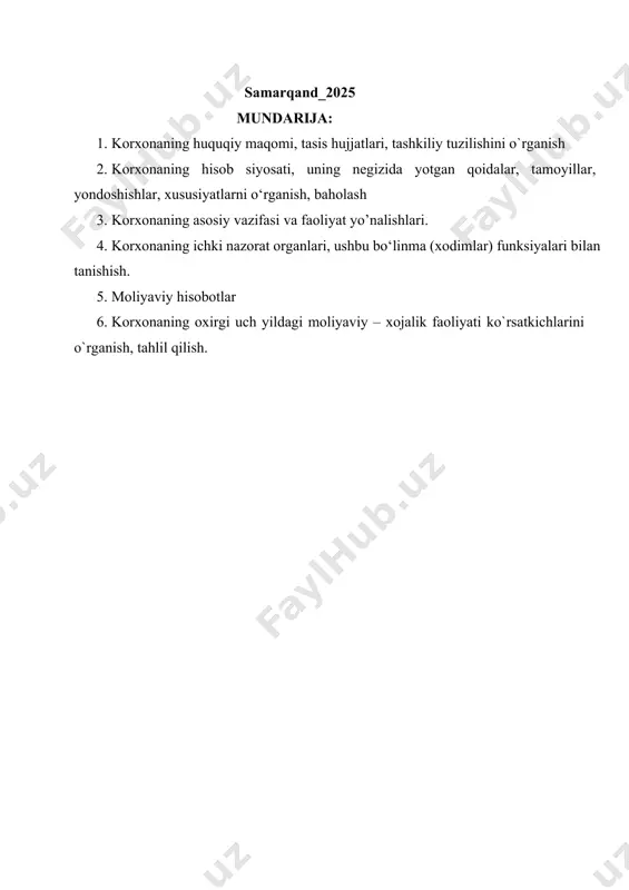 i va audit “ yo`nalishi talabalari o`quv rejaga muvofiq 4 kurs davomida mutahassisligimiz bo`yicha olgan nazariy bilimlarimizni mustahkamlash , chuqurlashtirish va amaliy tajriba va ko`nikmalarimizni shakllantirish maqsadida malakaviy amaliyotini o`tadik. 2017 – 2021-yillarda o`zbekiston respublikasini rivojlantirishning beshta ustuvor yo`nalishi bo`yicha harakatlar strategiyasi 2o`z.res.pre. sh.mirziyoyevning pq-3151-sonli “ oliy ma`lumotli mutaxassislar tayyorlash sifatini oshirishda iqtisodiyot sohalari va tarmoqlarining ishtirokini yanada kengaytirish chora-tadbirlari to`g`risida”gi qarori 1. korxonaning huquqiy maqomi, tasis hujjatlari, tashkiliy tuzilishini o`rganish o’zbekiston mustaqillikka erishgach xususiy korxonalarni, masuliyati cheklangan jamiyatlarning, aksadiyorlik jamiyati fermer xo’jaliklari va tadbirkorlarning sonini ko’paytirish maqsadida ko’plab sharoitlar yaratib berilmoqda. shu munosabat bilan “usta kasanachi ” mchj 2024 –yil tashkil topgan. jamiyat o’zbekiston respublikasining qonun hujjatlariga asosan yuridik shaxs hisoblanadi. jamiyat belgilagan tartibda davlat ro’yxatidan o’tkazilganidan keyin yuridik shaxs maqomiga ega bo’ladi. jamiyat o’z faoliyatini tartibda belgilangan ustav va o’zbekiston respublikasning qonunlariga muvofiq ta’sis hujjatlariga asosan amalga oshiradi. jamiyat o’z majburiyatlari bo’yicha o’zbekiston respublikasining qonun hujjatlariga muvofiq javob …