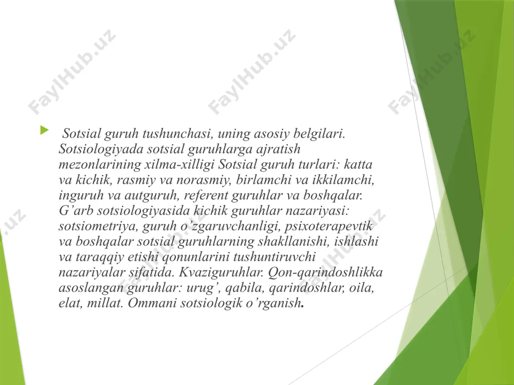 a. bir tomondan, u biror bir umumiy belgilarga qarab kishilarni ma’lum toifalarga ajratilganda qo’llaniladi (ko’pincha statistikada, demografiyada). ba’zan bu ma’noda «guruh» termini psixologiya fanida ham ishlatiladi. masalan, test sinovlari natijalariga qarab, kishilarni u yoki bu guruhlarga ajratish mumkin. ikkinchi tomondan, hamma ijtimoiy fanlar doirasida guruh deganda, real mavjud kishilar birligi tushuniladi. bu holatda odamlar umumiy belgilar, faoliyatlarining xilma-xilligi yoki biror shart, holatlar bilan birlashadilar va ma’lum ma’noda o’zlarini mavjud birlik vakili ekanliklarini his qiladilar. masalan, talaba o’zini talabalar guruhining a’zosi sifatida his qiladi. sotsiologiyada sotsial guruhlarga ajratish mezonlarining xilma-xilligi. ilmiy adabiyot bilan tanishish «sotsial guruh» terminini, birinchidan, juda keng qo’llanilayotganligini, ikkinchidan turli hodisalarga nisbatan ishlatilayotganligini ko’rsatayapti, qaysi nuqtai nazar qarashlaridan qat’iy nazar, konkret ijtimoiy fan vakillari guruhlarni sotsial-iqtisodiy, sotsial-demografik, sotsial-psixologik va boshqa guruhlarga ajratadilar. guruhga xos harakterli xususiyatlar quyidagilar: guruh soni, ichki tashkilot, ya’ni institutlar, nazorat shakllari; faoliyat namunalari; norma va qadriyatlar; farq qiladigan xususiyatlari. guruh soni deyilganda, mavjud birlikni …
