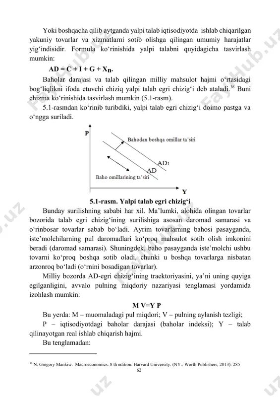 pi talab iqtisodiyotda ishlab chiqarilgan yakuniy tovarlar va xizmatlarni sotib olishga qilingan umumiy harajatlar yig‘indisidir. formula ko‘rinishida yalpi talabni quyidagicha tasvirlash mumkin: ad = c + i + g + xn. baholar darajasi va talab qilingan milliy mahsulot hajmi o‘rtasidagi bog‘liqlikni ifoda etuvchi chiziq yalpi talab egri chizig‘i deb ataladi.36 buni chizma ko‘rinishida tasvirlash mumkin (5.1-rasm). 5.1-rasmdan ko‘rinib turibdiki, yalpi talab egri chizig‘i doimo pastga va o‘ngga suriladi. 5.1-rasm. yalpi talab egri chizig‘i bunday surilishning sababi har xil. ma’lumki, alohida olingan tovarlar bozorida talab egri chizig‘ining surilishiga asosan daromad samarasi va o‘rinbosar tovarlar sabab bo‘ladi. ayrim tovarlarning bahosi pasayganda, iste’molchilarning pul daromadlari ko‘proq mahsulot sotib olish imkonini beradi (daromad samarasi). shuningdek, baho pasayganda iste’molchi ushbu tovarni ko‘proq boshqa sotib oladi, chunki u boshqa tovarlarga nisbatan arzonroq bo‘ladi (o‘rnini bosadigan tovarlar). milliy bozorda ad-egri chizig‘ining traektoriyasini, ya’ni uning quyiga egilganligini, avvalo pulning miqdoriy nazariyasi tenglamasi yordamida izohlash mumkin: m v=y p …