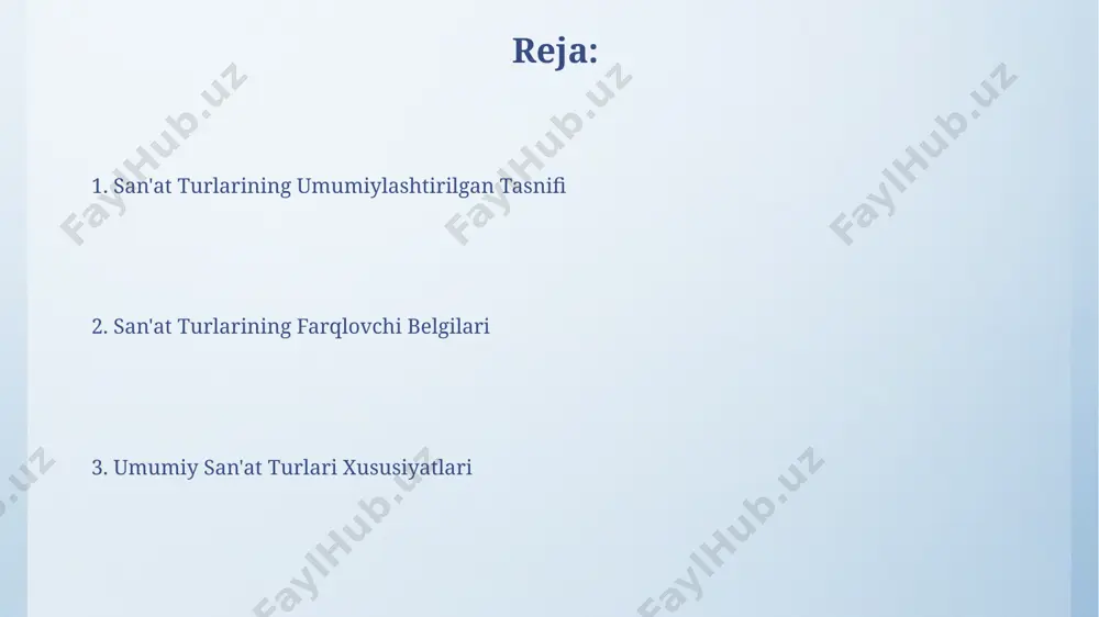 angard san'atning umumlashgan inqilobiy g'oyalari, individual rassomlarning (masalan, pavel benkov) ijodida o‘ziga xos uslubiy farqlarni shakllantirdi. san'at turlarining o'zaro bog'liqligi buxoro madrasalarining 7 ta asosiy xususiyati va musiqiy maqomlarning 7 ta asosiy shoxobchasida kuzatiladigan ritmik va melodik parallelliklar mavjud. 15-asr samarqand miniatyurasi va arxitekturasida geometrik naqshlarning o'xshashligi, ayniqsa registon maydonidagi inshootlarda 3 ta asosiy rangning takrorlanishini kuzatish mumkin. e'tiboringiz uchun rahmat @taqdimot_robot image4.png image5.jpg image6.jpg image7.jpg image8.jpg image9.jpg image3.jpeg