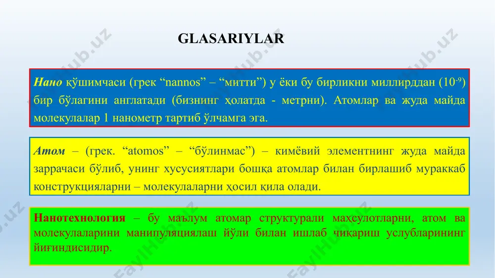 alshunoslikka, yarimo‘tkazgichlar fizikasiga oid. u o‘zi ishlab chiqqan usul yordamida kosmik nurlar tarkibida myu-mezonlar bilan muvozanatda bo‘lmagan neytron va fotonlar borligini isbot qildi. uning rahbarligida eng sof yarimo‘tkazgich materiallar olishning yangi texnologiyasi ishlab chiqildi. quyosh materialshunosligi yo‘nalishiga katta hissa qo‘shdi. 1987 yilda toshkent viloyati parkent tumanida s. a. azimov rahbarligida qurilgan «quyosh» ilmiy ishlab chiqarish kompleksi qiyin eriydigan va yuqori haroratga chidamli nometal materiallar, shuningdek, maxsus texnika ehtiyojlari uchun eng sof materiallar ishlash imkonini beradi. moddalar fizikasi, ularning fundamental asoslarini o’rganish bo’yicha o’zbekistonlik olimlarning izlanishlari haqida akademik, akbar qosimovich otaxo’jayev. u ning asosiy ilmiy ishlari molekulyar spektroskopiya va lyuminessensiya problemalariga oid. suyuqliklar anizotropiyasi relaksatsiyasi vaqtini aniqlashning spektroskopik metodini ishlab chiqib, uni molekulalarning suyuqlik va eritmalardagi issiqlik harakatini o‘rganishga tatbiq qildi. suyuqlik molekulalarining aylanma harakatchanligi ularning faqat o‘lchamlarigagina emas, balki shakllariga ham bog‘liq ekanligi aniqlandi. o‘zbekistonda optika maktabini tashkil qilgan. moddalar fizikasi, ularning fundamental asoslarini o’rganish bo’yicha o’zbekistonlik olimlarning izlanishlari haqida …
