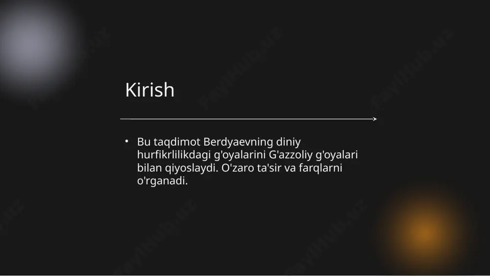 va g'azzoliy ta'siri diniy tafakkur tarixida jadal o'zgarishlar keltirib chiqardi. ularning g'oyalari bugungi diniy fanlarga va fikrlarga ijobiy ta'sir ko'rsatmoqda. diniy tafakkurdagi ta'sirlar hozirgi ahborot 04 hozirgi kunda berdyaev va g'azzoliy fikrlari zamonaviy diniy tafakkurda muhim rol o'ynaydi. ularning yondashuvlari yangi avlod falsafachilari tomonidan tadqiq qilinmoqda va ilhomlantirmoqda. zamonaviy diniy fikrlash nashrlar va tadqiqotlar berdyaev va g'azzoliy g'oyalari bo'yicha ko'plab yangi nashrlar, maqolalar va tadqiqotlar amalga oshirilmoqda. ular zamonaviy muammolarga yechimlar taklif etadi. berdyaev va g'azzoliy merosi nafaqat falsafa va diniy fikrlar, balki odamlar hayotiga ta'sir etadigan qadriyatlarni o'z ichiga oladi. ularning g'oyalari zamonaviy din va falsafa uchun yo'l-yo'riqdir. berdyaev va g'azzoliy merosi berdyaev va g'azzoliy g'oyalari o'rtasida ko'plab xulosalar chiqarish mumkin: bir tomondan erkinlik va mas'uliyat, boshqa tomondan esa o'zlik va ma'naviyat. ularning merosi zamonaviy diniy tafakkurga ta'sir ko'rsatmoqda. xulosa thank you! do you have any questions? please keep this slide for attribution credits: this presentation template was created …