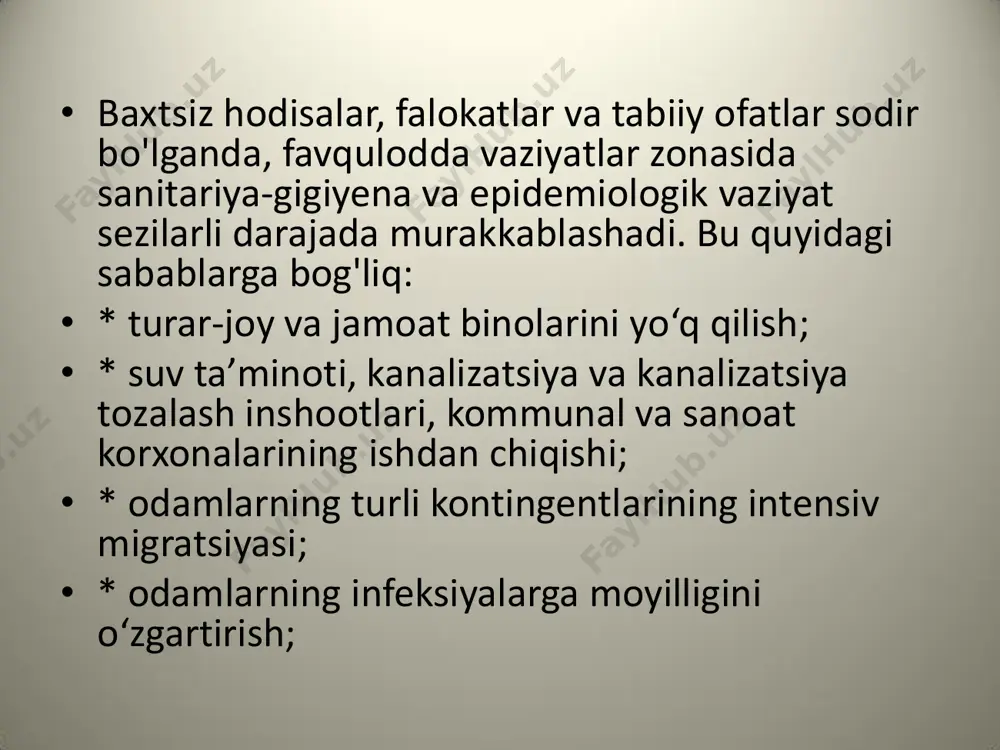 ibatlarini bartaraf etishda aholi va ishtirokchilarning sog‘lig‘ini saqlash maqsadida favqulotda zonada amalga oshiriladigan tadbirlar asosiylari: • * tibbiy sog‘liqni saqlash monitoringi; • * turar joy sharoitlarini sanitariya nazorati; • * oziq-ovqat va suv ta’minoti sanitariya nazorati; • * vanna va kir yuvish xizmatining sanitariya nazorati; • * hududning sanitariya holatini nazorat qilish. sanitariya-epidemiologiya xizmati tashkil qiladi va o‘tkazadi favqulotda vaziyatda quyidagi sanitariya-gigiena choralari: • * hududning sanitariya-gigiena holatini baholashni tashkil etish va o‘tkazish hamda aholi va atrof-muhit salomatligiga ta’sir etuvchi zararli omillarni aniqlash; • * favqulotda vaziyatlar hududida aholini joylashtirish sharoitlari, uning ovqatlanishi, suv ta’minoti, vanna va kir yuvish xizmati sanitariya nazoratini tashkil etish va ishtirok etish; • * favqulotda vaziyatlar ob’ektlari xodimlarini, avariya oqibatlarini tugatish ishtirokchilarini, shuningdek aholini himoya qilish bo‘yicha sanitariya-gigiena tadbirlarini tashkil etish; • * favqulotda vaziyatlarda aholining hayotiy faoliyatini ta’minlaydigan gigienik ahamiyatga ega ob’ektlarda sanitariya nazoratini tashkil etish; • * favqulotda vaziyat oqibatlarini bartaraf etish, ularni …