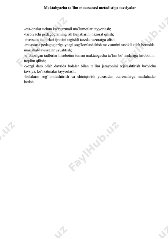 alakalarini mustahkamlashga yo‘naltirilgan ta’limiytarbiyaviy jarayonning samarali shakl va usullari dan foydalanish uchun zaruriy shartsharoitlarni yaratish. yozgi sog‘lomlashtirish mavsumining vazifalari: - bolalarning salomatligini mustahkamlash; - tabiiy omillardan keng foydalanish hisobiga bolalarni sog‘lomlashtirish va jismoniy rivojlantirishga qaratilgan tadbirlar tizimini amalga oshirish: havo, quyosh, suv; - o‘quv yili davomida olingan bkmni mustahkamlashga qaratilgan ta’limiy-tarbiyaviy jarayonni tashkil etish; - sog‘lom turmush tarzi va bilimga bo‘lgan qiziqishni rivojlantirish; - xavfsiz xatti-harakat ko‘nikmalarini takomillashtirish; - tabiat qo‘yni (gulzor, bog‘, tajriba maydonchasi)da mehnatni tashkil etish, bilish faoliyati, turli xil ta’limiy va harakatli o‘yinlarni tashkil etish, amaliy kuzatish, tajriba eksperimentlar, samarali ilmiy-tadqiqot faoliyati uchun tabiiy muhit (sharoit)dan foydalanish; - ota-onalar o‘rtasida tarbiya va sog‘lomlashtirish masalalari bo‘yicha pedagogik va sanitariya-targ‘ibot ishlarini amalga oshirish, yozgi davrda ularni bolalar bilan birgalikdagi tadbirlarga jalb qilish. yozgi sog‘lomlashtirish mavsumida kattalarning asosiy vazifasi o‘sib borayotgan organizmning dam olish, ijodiy faoliyat va harakatga bo‘lgan ehtiyojini to‘li q qondirishdir. metodistning iyun oyi uchun oylik rejasi t/r …