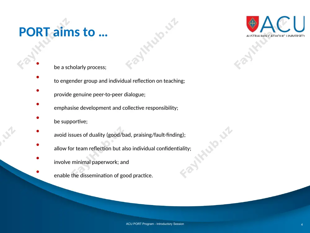 e/improve_my_teaching/evaluation_support_for_my_teaching/resources/id200_models_of_peer_observation_of_teaching.pdf (note that goslings table uses the headings: “peer review model” for our “developmental model”; and, “developmental model” for our “review model”. the blue column is the same for both. 9 december 2016 6 next steps decide which team method you will adopt. discuss within your teams ‘what’ you want observed? set dates and times. learn from each other. acu port program - introductory session 7 9 december 2016 flm-port program 2009 7 this will depend on the faculty/school/department as to what your next steps are however, the old adage of striking while the iron is hot is a good guide. capture people’s enthusiasm to participate by asking them to consider teams and what they would like observed. then have them set dates, times and venues and get the process moving! finish on a positive note by reiterating the benefits of port! reinforce the need to have fun! image1.jpeg image2.emf …