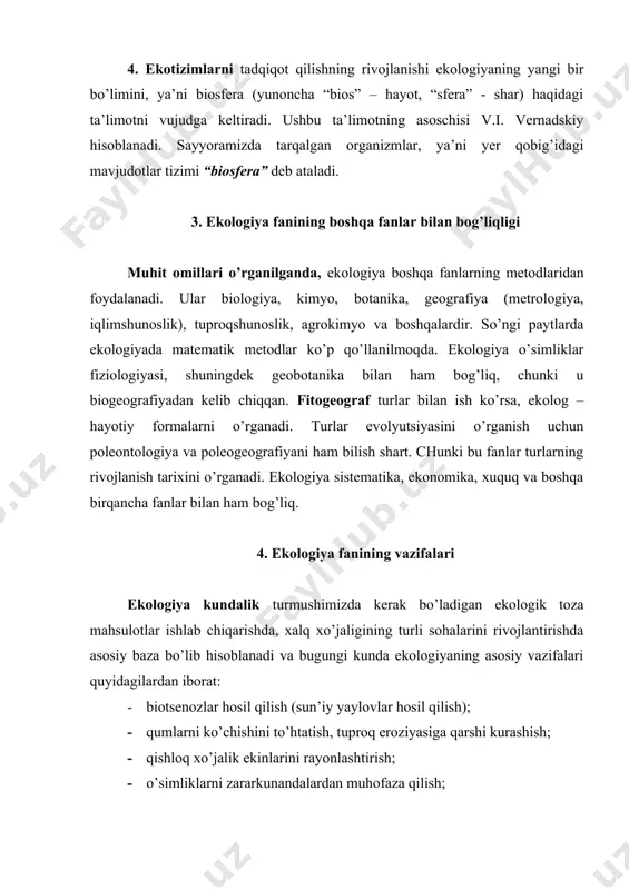 rini aniqlash va ularning muhofaza qilish; · tabiat va jamiyat orasidagi muvozanatning buzilishiga yo’l qo’ymaslik; · tabiat ustidan xukmronlik qilmasdan u bilan hamkorlik qilish va boshqalar. shunday qilib to’g’ri ekologik me’yorlashtirish – bu har qanday ekologik unsurni muhofaza qilishda ilmiy asos bo’lib xizmat qiladi, tabiatda muvozanatni buzilishini oldini oladi.
