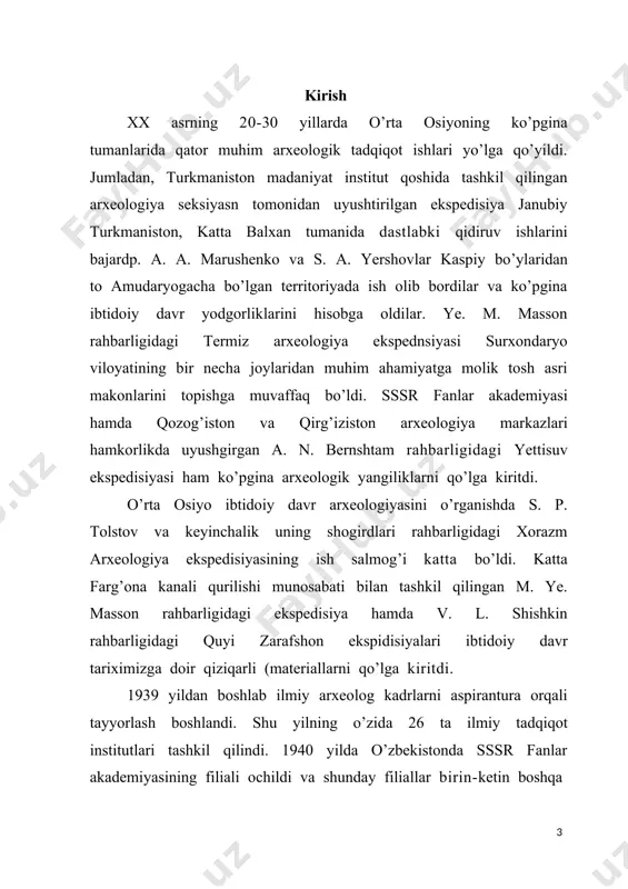 g’ vatan urushi yillarida garchi yirik arxeologik ekspedisiyalarning faoliyati deyarli to’xtab qolgan bulsa ham, urushdan so’ng arxeologik tadqiqotlar yana keng ko’lamda yo’lga qo’yildi. urushdan keyingi davrda o’z dala tadqiqot ishlari bilan o’rta osiyoning deyarli barcha territoriyasini qamrab olgan bir necha yirik arxeologik ekspedisiyalar tashkil etildi. 1945 yildan boshlab sssr fanlar akademiyasining xorazm arxeoloik-etnografik ekspedisiyasi yana qayta ishga tushdi. shu yildan e’tiboran janubiy turkmaniston arxeologiya ekspedisiyasi va uning a. p. okladnikov rahbarligidagi ix otryadi muhim tadqiqot ishlarini bajardi. 1946 yilda sug’d-tojik ekspedisiyasi keng ko’lamda ish olib bordi. 1946 - 1949 va 1950-1952 yillarda a. n. bernshtam rahbarligida pomir- oloy va pomir-farg’ona ekspedisiyasi farg’ona arxeologiyasini o’rgandi. bu ekspedisiya tarkibida o’zbekiston va qirg’iziston olimlari faol ishtirok etdilar. 1947 yildan boshlab samarqand davlat unnversiteti ekspedisiyasi ibtidoiy tarix sohasida muhim ma’lumotlarni qo’lga kiritdi. ya. g’. g’ulomov va v. a. shishkinlar rahbarligida o’zbekiston fanlar akademiyasining o’zbekiston arxeologiya ekspedisiyasi ish boshladi. bu ekspedisiyaning ko’pgina otryadlari surxondaryo, samarqand, …