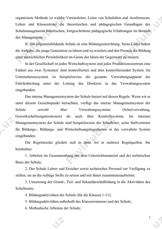 arbeiten der schule; 7. klassenleiter; 8. mit schülern arbeiten; 9. schulbibliotheksarbeit; 10. arbeit des elternausschusses; 11. bereitstellung von warmen speisen und tee für die studierenden; 12. mitarbeit an der organisation medizinischer dienstleistungen für studierende; 13. in ländlichen gebieten ( 3 km) transportmöglichkeiten für studierende, die aus der ferne anreisen; 14. finanzielle und wirtschaftliche angelegenheiten der schule; 15. kooperationsarbeit der schule. diese zusammenarbeit umfasst folgendes: a) zusammenarbeit der schule mit eltern und der öffentlichkeit; b) zusammenarbeit mit medizinischen und handelsorganisationen; v) zusammenarbeit mit mutter- und basisunternehmen; g) zusammenarbeit mit buchhandelsorganisationen; d) zusammenarbeit mit bezirklichen oder überstädtischen bildungs- und produktionskombinaten; y) zusammenarbeit mit weiterführenden technischen bildungseinrichtungen und akademischen lyzeen; j) zusammenarbeit mit außerschulischen kindereinrichtungen; z) arbeitet mit baureparaturorganisationen usw. zusammen. 16. führung von schulunterlagen; 17. ausbildung des lehrpersonals; 18. pädagogische kampagnenarbeit der schule usw. eine wichtige voraussetzung für eine ordnungsgemäße und den aktuellen anforderungen entsprechende führung dieser schulen ist die wissenschaftlich fundierte …
