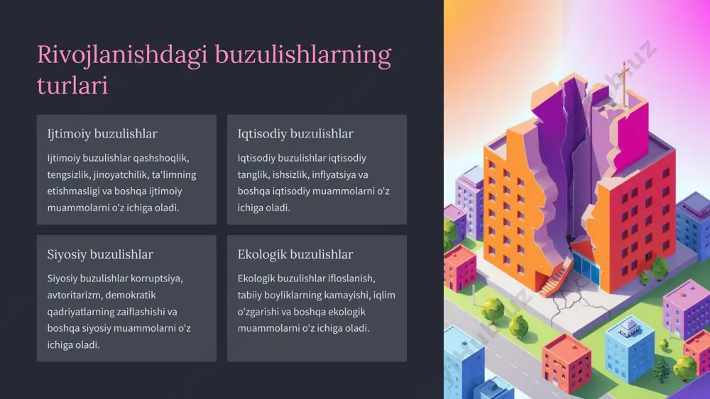 alar yangi texnologiyalarni joriy etish, iqtisodiy o'sishni tezlashtirish va turmush sifatini yaxshilashga yordam beradi. 4 hamkorlik xalqaro va milliy hamkorlik rivojlanishni moliyalashtirish, tajriba almashish va muammolarni hal qilishga yordam beradi. 8 rivojlanishga to'sqinlik qiladigan omillar 1 mojaro mojaro rivojlanishni sekinlashtiradi, resurslarni yo'qolishiga va odamlarning azob chekishga olib keladi. 2 korruptsiya korruptsiya davlat resurslarining samarasiz ishlatilishiga, rivojlanish loyihalarining muvaffaqiyatsizligiga va qashshoqlikni kuchayishiga olib keladi. 3 ta'limning etishmasligi ta'limning etishmasligi odamlarning imkoniyatlarini cheklaydi, qashshoqlikni kuchaytiradi va jamiyatni rivojlanishini sekinlashtiradi. 4 sog'liqni saqlashning etishmasligi sog'liqni saqlashning etishmasligi odamlarning umrini qisqartiradi, mehnat unumdorligini pasaytiradi va iqtisodiy rivojlanishni sekinlashtiradi. 9 xulosa rivojlanish - bu murakkab jarayon bo'lib, turli xil buzulishlarni bartaraf etish va barqaror kelajak yaratish uchun keng ko'lamli sa'y-harakatlar talab etiladi. bu maqsadga erishish uchun ta'lim, sog'liqni saqlash, infratuzilma va boshqa sohalarga investitsiyalarni oshirish, siyosatlarni takomillashtirish, innovatsiyalarni rag'batlantirish va hamkorlikni mustahkamlash muhim ahamiyatga ega. 10 image1.png image2.png image3.png image4.png image5.png image6.png image7.png image8.png image9.png …