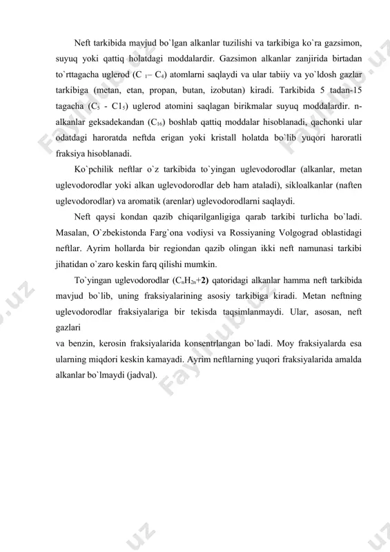 , mangishlak, grozninsk parafinsimon, ba`zi bir embensk va shinbaev, maykom, tuymazin, buguruslan, romashkin, markovsk va boshqalar, hamda o`zbekistonda fargona, mingbuloq, ko`kdumalok, jarqo`rg`on neftlari alkanlar tarkibi (1– jadvalda) keltirilgan. neftda o`rtacha molekulali massali fraksiya miqdori ortishi bilan ulardagi alkanlar miqdori kamayadi. 200-300 0c oralig`ida haydaladigan o`rtacha fraksiya, ular odatda 55,0- 61,0 % (kam bo`lmagan), 500 0c da esa qoida bo`yicha bu uglevodorodlar mikdori 19,0-5,0 % gacha kamayadi. mang`ishlak yarim orolida yuqori parafinli neft bundan istisno, ya`ni bunga kirmaydi. shunday qilib, uzensk neftida tempertura ortishi bilan fraksiyalarni ajratish, uglevodorodlarning miqdori ortishi, og`ir fraksiyalarda esa doimo kamayishi namoyon bo`ladi. neftdagi alkanlar mikdori konning joylashgan o`rniga ham bog`liq. masalan keng fraksiyada 300 0c gacha ularning miqdori mangishlak neftida 88 % gacha, sibir neftida 53,71 % gacha, tataristonda 55 % va boku neftida 30–40 % gacha etadi. yuqori fraksiya neft alkanlari parafinlar, gohida serezin qattiq modda hisoblanadi. neft alkanlari normal va tarmoqlangan tuzilishli izomerlar holida …