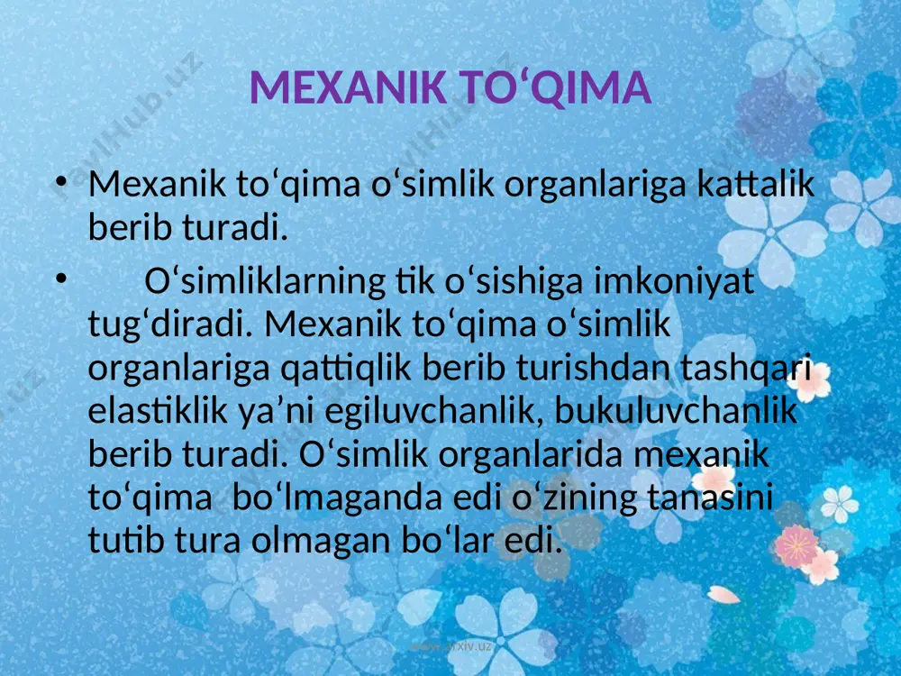 pallali o‘simliklar orasida keng tarqalgan.bir pallali o‘simliklarda uchragan taqdirda ham faqat poya bo‘g‘imlari atrofida bo‘ladi. www.arxiv.uz www.arxiv.uz sklereidlar. (toshsimon to‘qima). sklereidlarning xu-jayra po‘sti juda qalinlashgan. shuning uchun ham sklereid xujayrasi o‘lik bo‘ladi. ba’zi sklereidlar xujayra po‘stida lignindan tashqari qum-tuproq xamda ohak bo‘ladi. sklereidlarni yog‘och tipdagi yong‘oq, o‘rmon yong‘og‘i va dublarda, meva po‘chog‘ida,o‘rik, shaftoli, olcha, olxo‘ri va boshqalarning meva danaklarida, nok, behi mevalarida uchraydi. www.arxiv.uz www.arxiv.uz www.arxiv.uz www.arxiv.uz sklerenxima. o‘simlik dunyosida juda ko‘p tarqalgan, o‘simlik uchun juda katta ahamiyatga ega bo‘lgan to‘qimadir. sklerenxima prozenxima shaklidagi qalin devorli, uchlari urchuqqa o‘xshab o‘tkirlangan xujayradan iborat. sklerenxima xujayra po‘stilignin bilan sug‘orilib yog‘ochlangan. shuning uchun ham sklerenxima o‘lik bo‘ladi. sklerenxima o‘simliklarning po‘stloq qismida joylashgan bo‘lsa, stereid (floematolasi), yog‘ochlik qismida joylashgan bo‘lsa libriform (ksilematolasi) debyuritiladi. stereidlar. stereidlarning xujayra po‘sti libriformga nisbatan yupqaroq bo‘ladi. stereidlarning xujayra po‘sti yog‘ochlangan yoki yog‘ochlanmagan bo‘ladi. stereidlar to‘qimachilik sanoatida katta ahamiyatga ega. bizda muhim hom ashyosi bo‘lib quyidagi o‘simliklar hisoblanadi: zig‘ir, nasha, …