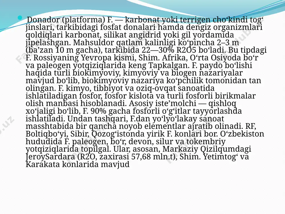 o‘g‘it, fosfor kislota va uning tuzlarini olishda xom ashyo; qora va rangli metallurgiyada hamda keramika va xira oyna ishlab chiqarishda qo‘llaniladi. kamyob yer elementlari qo‘shilgan sintetik a. optikada qo‘llaniladi. o‘zbekistondagi fosforitlarning asosiy qismi a.dir. e’toboringiz uchun rahmat image2.jpeg image3.png image4.jpeg image5.jpeg /docprops/thumbnail.jpeg
