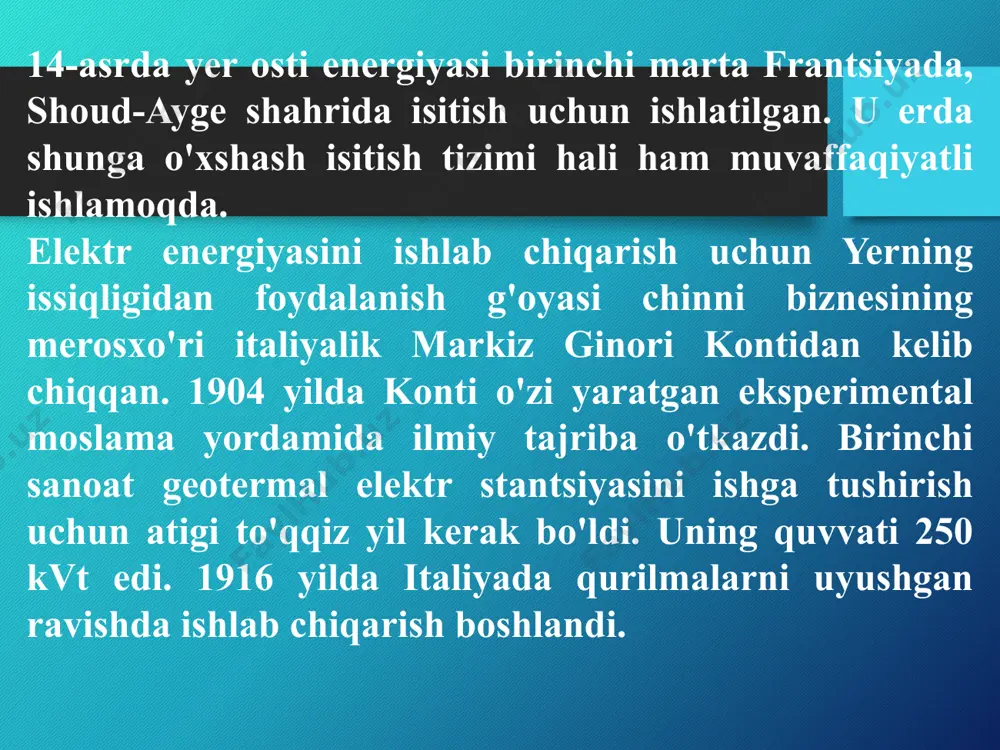 lari yordamida elektr energiya ishlab chikarishdan tashqari, bu konlardan qo‘shimcha maxsulotlar tabiiy gaz, mineral xom-ashyo va chuchuklashtirilgan suv ham olish mumkin. ko‘pgina mutaxassislar geotermal energiya boshka energiya manbalari bilan tan narxi va atrof-muxitga ta’siri jihatidan raqobatdosh bo‘lishi mumkinligi ta’kidlashadi. termal suv quduqlaridagi buloqlaridan uy-joy va issikxonalarni qizdirishda foydalanilayotgan xududlar mavjud. lekin umuman olganda, yer osti issiqligini yer yuzasidan ancha chuqur joylashganligini inobatga olib dunyoda xozirgi vaqtda geotermal energiyadan foydalanish o‘ta chegaralangan. geotermal energetikaning tasniflanishi bo‘yicha o‘zbekiston territoriyasi normal geotermal potensialli mintaqa bo‘lib hisoblanadi. bunday mintaqalar 40 oc/km geotermal temperaturali gradiyentga ega bo‘lib, issiqlik oqimlar esa taxminan 0,06 vt/m2 tashkil etadi. respublikada geotermal energetikani asosan geotermal suvlar tashkil etadi. amalda geotermal suvlar respublikaning barcha mintaqalarda mavjud. respublika bo‘yicha geotermal suvlarning o‘rtacha temperaturasi 45,5 oc-ga ega, eng issiq suvlar buxora (56 os) va surxandaryo (50 os) viloyatlarda bo‘ladi. 40 oc-dan yuqori temperaturali geotermal suvlar past temperaturali isitish uchun foydalaniladi (issiqlik nasoslardan foydalanib …