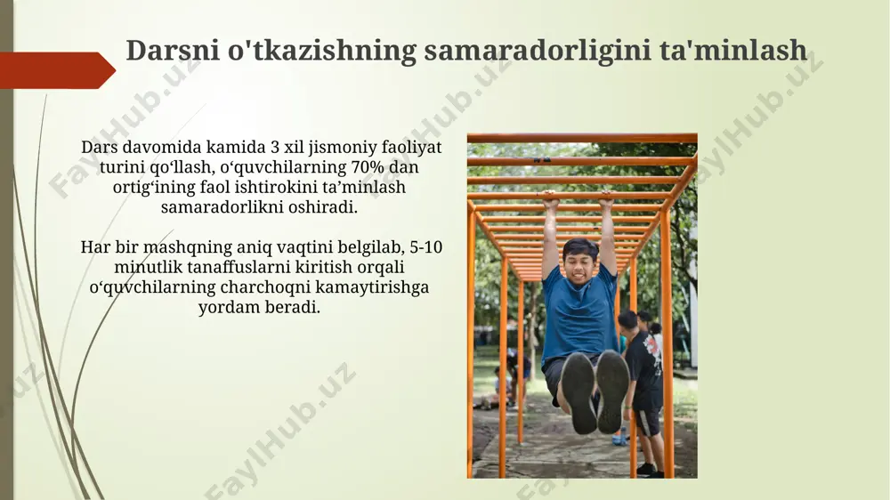 jasi va o'rganish uslublari (vizual, auditoriy, kinestetik) kabi omillarni hisobga olish kerak. samarali o'quv uslublarini tanlashda, kamida 3 xil faoliyat turini (individual, juftlik va guruh) qo'llash orqali o'quvchilarning turli qobiliyatlarini rivojlantirishga e'tibor qaratish lozim. o'quv natijalarini belgilash o'quv natijalarini bloom taksonomiyasi asosida tuzish va ularni baholash mezonlarini aniqlash orqali o'qitish samaradorligini oshirish mumkin. o'quv natijalarini aniqlashda 3 ta kognitiv daraja (bilim, tushunish, qo'llash) va 2 ta psixomotor daraja (taqlid qilish, moslashtirish) ko'rsatkichlarini aniq belgilash kerak. xavfsizlik texnikasi va sog'liqni saqlash masalalari sport anjomlaridan foydalanishda 100% xavfsizlik qoidalariga rioya qilish, ayniqsa og'irlik ko'tarishda, jarohatlar sonini sezilarli darajada kamaytiradi, 70% gacha. jismoniy mashqlar bajarishdan avval 5-10 daqiqa davomida yengil qizdirish mashqlari bajarish, mushaklarning shikastlanish xavfini 30% ga kamaytiradi va tana haroratini optimal darajaga yetkazadi. innovatsion texnologiyalarni qo'llash mobil ilovalar va onlayn platformalardan foydalanib, 10-15 ta o'quvchi uchun individual mashqlar rejasini tuzish va ularning yutuqlarini kuzatib borish mumkin, bu individual yondashuvni ta'minlaydi. virtual …