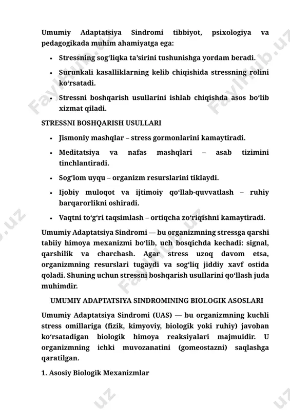 lar safarbar qilinadi. · buyrak usti bezlari mag‘iz qavati esa adrenalin va noradrenalin chiqaradi. bu gormonlar yurak urishini tezlashtiradi, qon bosimini oshiradi, mushaklarga ko‘proq kislorod va energiya yetkazadi. c) immun tizim · uzoq davom etuvchi stressda timus (ayrisimon bez), taloq va limfa tugunlari kichrayadi. · limfotsitlar kamayadi (limfopeniya), leykotsitlar ko‘payadi (leykotsitoz). · natijada immunitet pasayadi, organizm infeksiyalarga chidamsiz bo‘lib qoladi. d) metabolik o‘zgarishlar · qon tarkibida glyukoza ko‘payadi (stress giperlikemiyasi). · yog‘ kislotalari va aminokislotalar safarbar qilinadi. · moddalar almashinuvi buzilishi uzoq davom etsa, ichki organlarda kasalliklar rivojlanadi. 2. biologik belgilar · buyrak usti bezlari po‘stloq qavatining qalinlashishi va faoliyatining kuchayishi. · timus, taloq va limfa tugunlarining kichrayishi. · qon tarkibida leykotsitoz va limfopeniya. · moddalar almashinuvining buzilishi. · surunkali stressda yurak-qon tomir, endokrin va immun tizim kasalliklari rivojlanishi. 3. evolyutsion ahamiyati · stress reaksiyasi qadimdan mavjud bo‘lib, hayvonlar va odamni xavfli vaziyatlarda omon qolishga yordam bergan. · “jang qil …