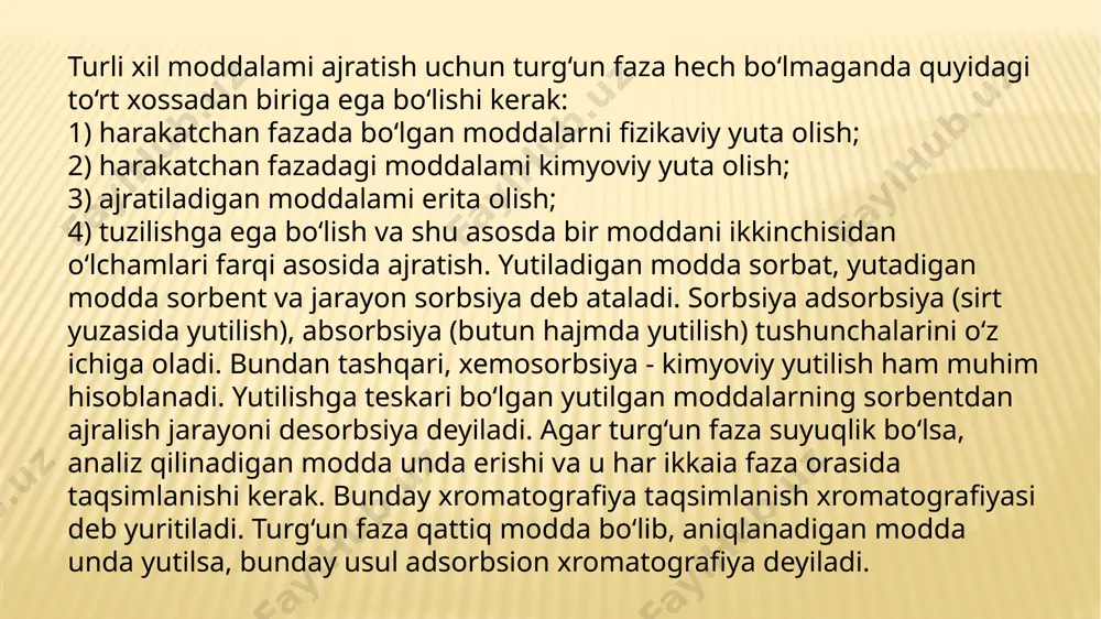 lari», toshkent, 2014. 6. сапаров х.к., «tahlil nazariyasi», toshkent: o‘qituvchi, 2012. 7. жураев б.х., «kimyoviy analizda zamonaviy usullar», toshkent: fan, 2018. 8. gost r iso 10304-1-2015. anionlar va kationlar aniqlash bo‘yicha uslub. 9. кулешов в.и., «методы разделения и анализа ионов», москва: химия, 2001. 10. соловьев а.н., «практикум по аналитической химии», москва: высшая школа, 2006. 11. сокольский д.в., «методы ионного обмена», москва: наука, 1970. 12. лундин а.а., «хроматография», москва: мир, 1998. e’tiboringiz uchun raxmat! image3.png image4.png image5.png image6.png image7.png image8.png image9.png image10.png image11.png image12.png /docprops/thumbnail.jpeg