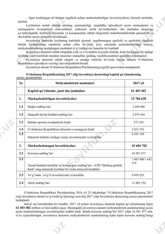 savdo va valyuta cheklashlarining kuchayishi, ochiq valyuta kursining joriy qilinishi, moliya sektorini isloh qilish, soliq tizimini mustahkamlash, import qat’iy cheklashlarning joriy qilinishi bilan tavsiflandi. islohatlarning xozirgi bosqichida savdo, valyuta cheklashlarini erkinlashtirish va soliq islohatlarini o’tkazish (soliqlarning rag’batlantiruvchi rolini oshirish) qishloq xo’jaligi va moliya sektorini isloh qilish yirik korxonalarni xususiylashtirish su’atlarini jadallashtirish, iqtisodiyotni monopoliyadan chiqarish va yashashga qobil davlat korxonalarini qayta tashkil qilish hamda zarar ko’rib ishlaydiganlarni tugatish va boshqalarni nazarda tutadi. investitsiya dasturini shakllantirishning asosiy tamoyillari bo’lib quyidagilar hisoblanadi: · investitsiya jarayonlarini boshqarish sohasida davlat siyosatini amalga oshirish, maqbul shartlarda xorijiy investitsiyalarni va kreditlarni jalb etish, shuningdek loyihalarni tanlab olish va ularning amalga oshirilishi monitoringini olib borish asosida ulardan samarali foydalanish mexanizmini yaratish; · belgilangan davlat ustuvorliklari asosida eng muhim tarmoqlarini va faoliyat sohalarni qo’llab quvvatlash; · ijtimoiy ahamiyatga ega bo’lgan tarmoqlarni (ta’lim, soliqni saqlash) birinchi navbatda, moliyalashtirish; · mineral xom-ashyo resurslarini va qishloq xo’jaligi mahsulotlarini chuqur qayta ishlashni, tayyor …