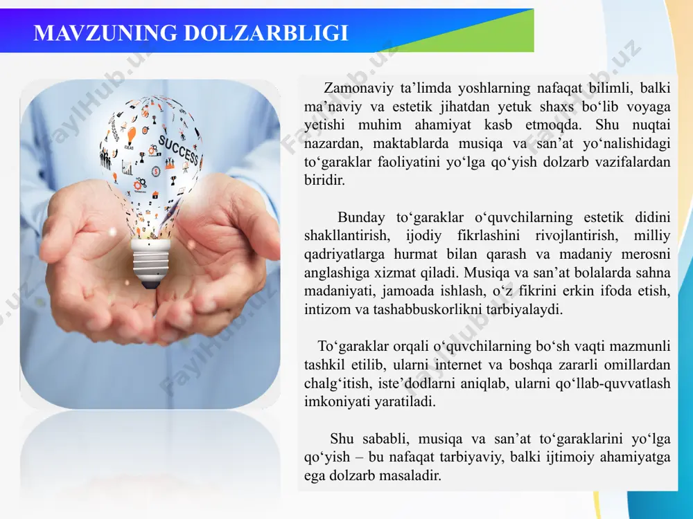 alarning estetik tarbiyasida milliy musiqa, raqs va tasviriy san’atning o‘rni haqida so‘z yuritiladi. muallifning fikricha, san’at to‘garaklari orqali bolalarning ijtimoiy faolligi, sahna madaniyati va madaniy merosga hurmati shakllanadi. shuningdek, amaliy tajribalarga asoslangan tavsiyalar berilgan. ushbu ilmiy maqolada san’at, ayniqsa musiqa va tasviriy san’at vositalarining tarbiyaviy va rivojlantiruvchi funksiyalari yoritilgan. muallif o‘quvchilarda estetik didni shakllantirishda san’at to‘garaklarining roli haqida fikr yuritadi va zamonaviy maktablarda bu faoliyatni pedagogik jihatdan asoslash muhimligini ta’kidlaydi “ijodiy to‘garaklarning ta’lim-tarbiyadagi o‘rni” n. o‘rolovaning 2023-yil maqolasida “san’at va madaniyat orqali estetik tarbiya berish” m. abdullayevaning 2024-yil maqolasida. “ta’limda san’at vositalaridan samarali foydalanishning nazariy asoslari” q. yo‘ldoshevning 2025-yil maqolasida. xorijiy tajribalarning o‘rganilganligi “ta’lim orqali milliy san’atni asrash” yondashuvi yapon maktablarida musiqa va san’at maktabgacha bosqichdan boshlab majburiy komponent sifatida joriy etilgan. darsdan tashqari mashg‘ulotlarda milliyning shakuhachi, koto, chado kabi an’anaviy san’at turlariga o‘rgatish asosiy o‘rinda. maktab to‘garaklari orqali san’at, teatr, musiqa va kaligrafiya faoliyatlari rivojlantiriladi. o‘rganiladigan jihat: madaniy merosni …