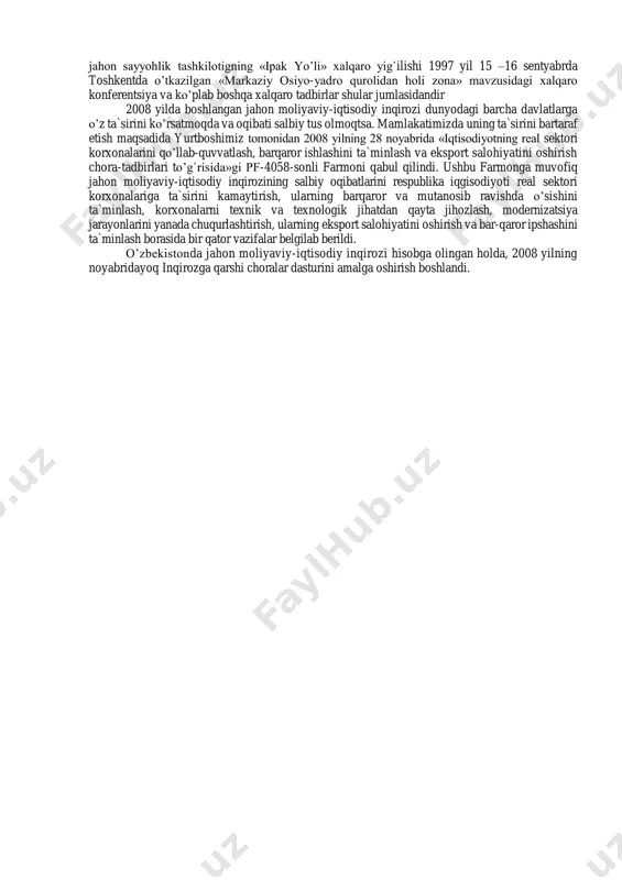 narkotiklarni nazorat qilish bo’yicha dastur, jahon soqliqni saqlash tashkiloti, aholi joylashishi jamqarmasi singari ixtisoslashgan muassasalarni o’z tarkibiga birlashtirishga muvaffaq bo’ldi. shunday qilib, bmt bilan hamkorlik qilish rejalari amalga oshib bormoqda. bu hamkorlik iqtisodiyot, ijtimoiy soha, sog’liqni saqlash, madaniyatni tiklash, atrof-muhitni muhofaza qilish va boshqa sohalarni ham qamrab olmoqda. o’zbekiston bmt bosh assambleyasining 48-sessiyasida toshkent shahrida mazkur tashkilotning markaziy osiyoda xavfsizlik, farovonlik va hamkorlik muammolariga baqishlangan doimiy seminarini tashkil etish taklifini o’rtaga tashladi. bizning fikrimizcha, respublikamiz evropada xavfsizlik va hamkorlik tashkilotining osiyodagi tayanchi bo’la oladi. u mintaqaviy xavfsizlik va hamkorlikni, ehtimol tutilayotgan mojarolarning oldini oluvchi diplomatiyani ta`minlashda, ziddiyatlarni bartaraf etishda evropada xavfsizlik va hamkorlik tashkiloti va bmt hamjihat ish yuritadigan maydonga aylanishi mumkin. o’zbekiston 1992 yil fevral oyida dunyoda tinchlikni mustahkamlash, inson huquqlarini himoya etish bo’yicha katta tadbirlarni amalga oshirayotgan nufuzli xalqaro tashkilot-evropa xavfsizlik va xamkorlik tashkilotiga a`zo bo’lib kirdi. i.karimovning 1992 yil 9-10 iyulda bo’lib o’tgan evropa xavfsizlik va xamkorlik …