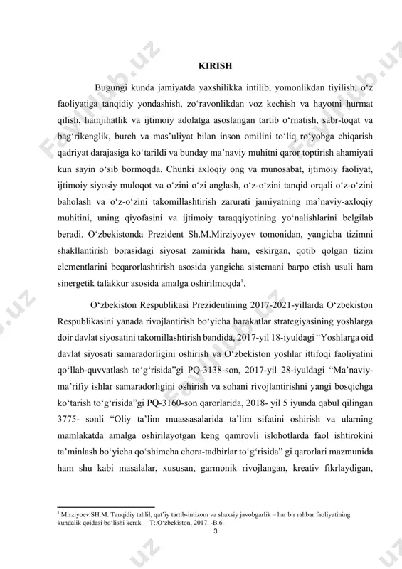 tarbiyasida qo‘llash muhim ahamiyat kasb etadi. mavzuning dolzarbligi. ahmad yassaviy hayoti va ijodi, shoir ijodidagi tasavvuf adabiyoti namunalari va adabiy merosini o‘rganish o‘ziga xos jarayondirki, uning ildizlari olis davrlarga borib tutashadi. yassaviy ijodiga yaqinlashish, keng omma nigohini unga qaratish ehtiyoji 60-yillarning oxirida o‘zbekistonda paydo bo‘ldi. mustaqillik arafasida ma’naviy hayotimizda katta o‘zgarishlar sodir bo‘la boshladi. ana shu o‘zgarishlar natijasida atoqli adabiyotshunos olim ibrohim haqqul tomonidan 1990-yilda shoirning hikmatlari nashrga tayyorlandi[footnoteref:2]. mustaqillikdan keyin yassaviy shaxsiyati va ijodiga qiziqish o‘z-o‘zidan kuchaydi. natijada 1993-yil xalqaro “ahmad yassaviy yili” deb e’lon qilindi. [2: ahmad yassaviy. hikmatlar. toshkent, 1990.] mavzuning oʻrganilganlik darajasi. bu hol nafaqat o‘zbekistonda, balki boshqa turkiy davlatlarda, xususan, turkiyada ham bu buyuk mutasavvuf olimning hayoti, adabiy-ma’rifiy faoliyati, shuningdek, uning izdoshlari xizmatiga qiziqishni kuchaytirib yubordi. xuddi shu yili o‘zbekiston va turkiyada yassaviyga bagʻishlab ilmiy anjumanlar o‘tkazildi, ma’ruzalar matni alohida kitob holida nashr etildi[footnoteref:3]. turkiyada ahmad yassaviy fondi tuzilib, “yassaviy” jurnali chiqarila boshlandi. matbuotda yassaviyning …