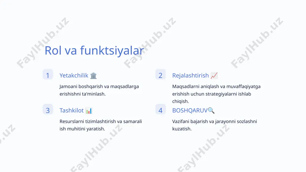 aniqlash va kerakli ma'lumotlarni to'plash. 2 2. alternativlarni yaratish bir nechta yechim variantlarini ishlab chiqish va ularni baholash. 3 3. yechim tanlash eng mos variantni aniqlash va qaror qabul qilish. 7 motivatsiya va yetakchilik asoslari motivatsiya xodimlarni rag'batlantirish va yuqori mahsuldorlikka erishish uchun sharoit yaratish. etakchilik boshqaruv ko'nikmalarini rivojlantirish va muvaffaqiyatli jamoani yaratish. 8 etiboringiz uchun raxmat 9 image1.png image2.png image3.png image4.png