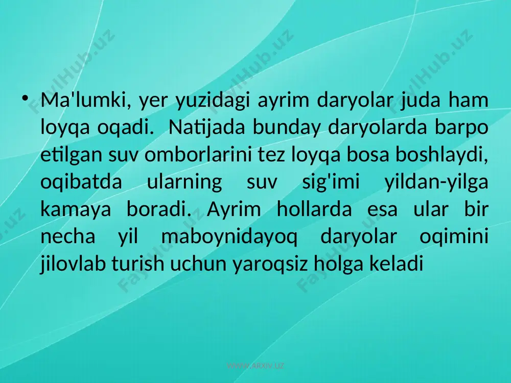 vazifani bajarish va har bir suv ombori haqida tegishli xulosalar chiqarish mutaxassislar-gidrologlarning vazifasidir www.arxiv.uz www.arxiv.uz www.arxiv.uz ишга тушган сув сиғими, сув омбори дарё йили млн.мж майдони, км2 тииямўйин амударё 197ъ) 7300 : 790,0 чорбоғ чирчиқ 1978 2000 40.3 андижон қорадарё 1970 1750 60,0 толимаржон амударё 1477 1530 77,4 тўдакўл зарафшон 1983 875 225,0 кауақиирғон заратшон 1952 845 83,6 жанубий сурхон сурхондарё 1964 800 65,0 чимқўрғон қашқадарё 1964 440 45,1 оҳангарон (турк) оҳангарон 1974 339 8,1 қуйимозор зарафшон 1957 306 16,3 пачкамар ғузордарё 1967 243 12,4 каркидон қувасой 1964 218 9,5 туябўғиз оҳангарон 1964 204 20,7 уисорак ғузордарё 1985 170 4,1 шоркўл зарафшон 1983 170 17,0 учқизил сурхондарё 1960 160 10,0 косонсой косонсой 1954 160 7,6 жиззах санзар 1962 73,5 12,5 учқcирғон норин 1961 54,0 3,7 хожикент чирчиқ 1977 30,0 2,5 қамаши қашқадарё 1946 25,0 3,4 www.arxiv.uz xulosa xulosa qilib shuni ta’kidlash joizki, suv omborlarini barpo etishda yer yuzasining tuzilishi, tuproq …