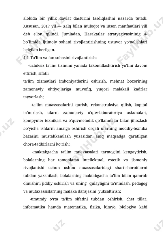 sida yanada takomillashtirish va kompleks rivojlantirish bo`yicha eng muhim vazifalar belgilab berildi. bunda ta’lim-tarbiya jarayonlarining sifati ustidan samarali davlat nazoratini o’rnatish maqsadida vazirlar mahkamasi huzurida ta’lim sifatini nazorat qilish bo’yicha davlat inspektsiyasi tashkil etiladi. uning asosiy vazifasi — ta’lim-tarbiya jarayoni, professor-o’qituvchilar tarkibi, ta’lim tizimida kadrlar tayyorlash va ularning malakasini oshirish sifati hamda mulkchilik shakli va idoraviy bo’ysunishidan qat’i nazar, ta’lim muassasalarini attestatsiya va davlat akkreditatsiyasidan o’tkazish, ta’lim-tarbiya sifatini nazorat qilish bo’yicha davlat siyosatini amalga oshirishdan iborat.[footnoteref:3] [3: sh. mirziyoyev. 2017- yil 20- apreldagi ”oliy ta`lim tizimini yanada rivojlantirish choratadbirlari to`g`risida” gi qarori.] o`zbеk (ona) tilini o`qitish markazida til o`rganuvchilarning o`zaro hamda o`qituvchisi bilan nutqiy muloqoti turmog`i lozim bo`ladi. ammo mana shu muloqot to`g`ri yo`lga qo`yilishi uchun grammatika qonun qoidalarini yaxshi bilishga qo`maklashuvchi topshiriqlardan iborat mashg`ulotlar nazariy yoki amaliy ahamiyat kasb etibgina qolmay, o’quvchilarning til o`rganishga bo`lgan qiziqishini shakllantiradi, orttirishga ham hissa qo`shishi talab etiladi. ana shu qiziqishni shakllantirishda, uni tobora …