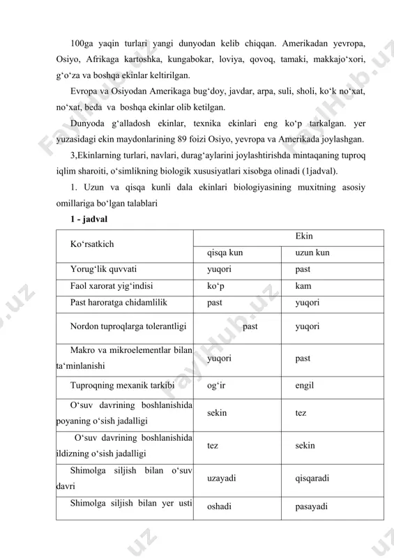 smini ildiz tizimiga yo‘naltiradi. bunda ildizlar tuproqning pastki nam qatlamlariga kirib borishi uchun sharoit yaratiladi. ekin turlari o‘zlarining shakllangan ob-xavo sharoitiga, tur, nav, genotipiga mos faol xarorat talab qiladi. ekinlarni yetishtirishda ijobiy xarorat +1 °s, faol xarorat 10 °s dan boshlab xisoblanadi. samarali xarorat xar bir ekinning turi, rivojlanish fazasi, naviga bog‘lik bo‘lib 5 °s dan (kuzgi bug‘doy), 13-14 °s dan (ingichka tolali g‘o‘za) boshlab xisoblanadi. xar bir o‘simlikning malum rivojlanish davri yoki o‘suv davri uchun tegishli miqdordagi faol xarora talab qilinadi. ontogenez (o‘suv) davrini o‘tash uchun sholining ertapishar navi (santaxezskiy) uchun 2200 °s, kechpishar navi (uz- ros 7-13) uchun 3200 °s xarorat talab qilinadi. soyaning shonalashdan dukkaklar hosil bo‘lish fazasigacha 400 °s faol xarorat yig‘indisi talab qilinadi.tegishli foydali (faol) xaroratni olmasa navbatdagi faza boshlanmasligi yoki ekin pishib yetilmasligi mumkin. adabiyotlar: 1. "o`zbekiston respublikasi prezidenti i.a karimovning va respublika vazirlar maxkamasining qishloq xo`jaligini rivojlantirish to`grisidagi ko`rsatma va farmonlari" 2. x.atabaeva, …