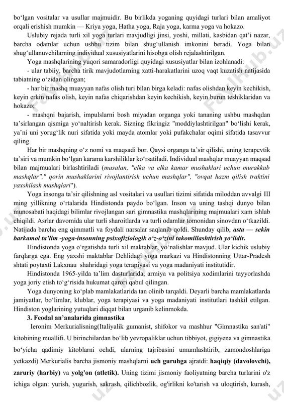 naltirilgan edi. uning vositalari va usullari mushak kuchini rivojlantirish uchun, epchillik va chidamlilikni oshirish uchun ishlatilgan. bu qobiliyatlar jang texnikasini muvaffaqiyatli egallash, himoya va hujumda nayza, qilich, qalqon bilan kurashish uchun zarur edi. chavandozlarni tayyorlashga katta e’tibor qaratilgan. shu bilan birga yog‘och otdagi mashqlardan etakchi va tayyorgarlik mashqlari sifatida foydalanilgan. polosalar, arqonlar, narvonlar va boshqa yordamchi jihozlar er to‘siqlarini engishda mashq qilish uchun ishlatilgan. sakrashlar, tirmashib chiqish, tirmashib utish, yurish va yugurish keng qo‘llanildi. solin gimnastikasida barcha harakatlar asosiy mushak guruhlarining maksimal kuchlanishi bilan amalga oshirildi. shu bilan birga, inson tanasining "tashqi qobig‘i" (skelet va mushaklar) nagruzkaga duchor bo‘ladi. individual mashqlar har bir keyingi mashq oldingisidan 1 s gacha qisqa pauza bilan ajratilgan majmualarga birlashtirildi. qo‘l, oyoq, va torsalarni keyingi holatga o‘tkazish tez, kuchanib bajarilib, ikkala qo‘lning qo‘llari mushtlarga mahkam qistirilgan. tai-dji - ushuning ikkinchi shakli shu kungacha saqlanib qolgan. uni myan’-tsyuan’ uslubi yoki "ichki" deb ataladi. u tabiatda gigienik …