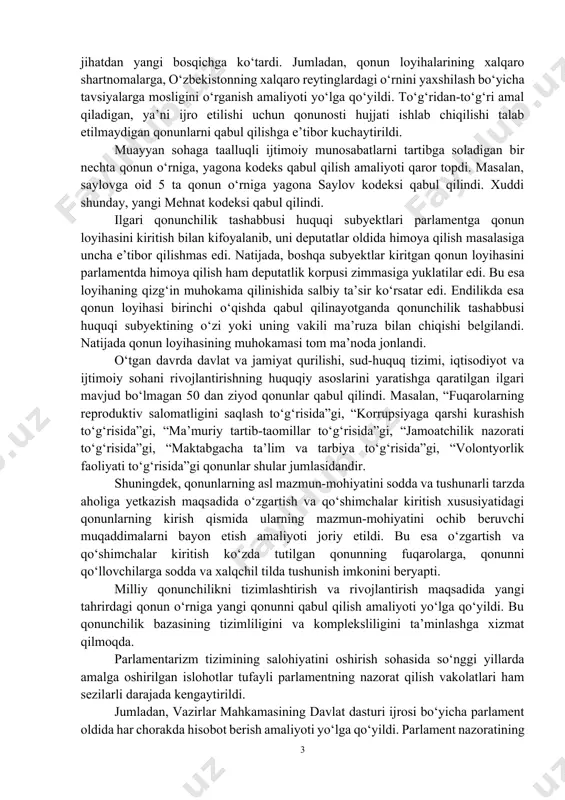 ehtiyojlariga mos tarzda qonunchilik palatasi majlislari, parlament nazorati tadbirlari ommaviy axborot vositalari hamda ijtimoiy tarmoqlar orqali to‘g‘ridan-to‘g‘ri efirga uzatish amaliyoti yo‘lga qo‘yildi. bu esa xalqimiz, keng jamoatchilikning qonunchilik palatasida qonun loyihalarining muhokamalari va qabul qilish jarayoniga bo‘lgan qiziqishini yanada oshirmoqda. shuni alohida ta’kidlash kerakki, “elektron parlament” mexanizmlaridan samarali foydalanilishi natijasida, hatto pandemiya sharoitida ham milliy parlamentimiz bir kun ham o‘z ishini to‘xtatmadi. barcha muhokamalar va ovoz berish jarayoni onlayn tarzda o‘tkazilishi yo‘lga qo‘yildi. parlamentning qonun ijodkorligi sohasidagi ishlari ham butunlay yangi yo‘nalishda tashkil etildi. parlamentning qonun ijodkorligi faoliyatining ilmiy va ekspert-tahliliy ta’minoti mustahkamlandi va oliy majlis qonunchilik palatasi huzurida parlament tadqiqotlari instituti tashkil etildi. ta’kidlash joizki, 2018 yilda qabul qilingan norma ijodkorligi faoliyatini takomillashtirish konsepsiyasi parlamentning qonun ijodkorligi faoliyatini sifat jihatdan yangi bosqichga ko‘tardi. jumladan, qonun loyihalarining xalqaro shartnomalarga, o‘zbekistonning xalqaro reytinglardagi o‘rnini yaxshilash bo‘yicha tavsiyalarga mosligini o‘rganish amaliyoti yo‘lga qo‘yildi. to‘g‘ridan-to‘g‘ri amal qiladigan, ya’ni ijro etilishi uchun qonunosti hujjati …